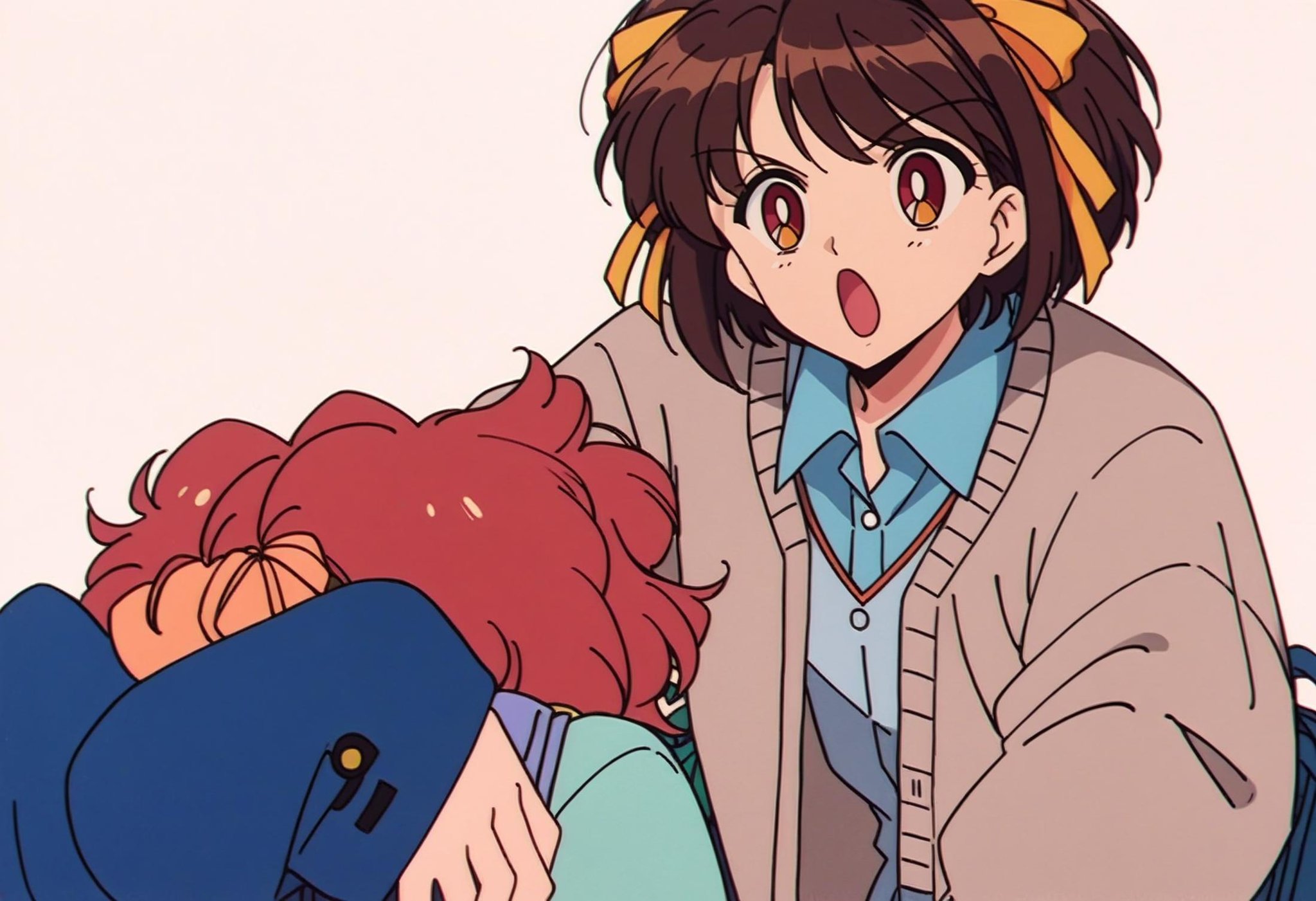 score_9, score_8_up,score_7_up, source_anime, rating_safe, 1girl, ,cardigan,white background,grey cardigan,kyonko,genderswap \(mtf\),open cardigan,open mouth,suzumiya haruhi no yuuutsu,genderswap \(ftm\),hands on another&