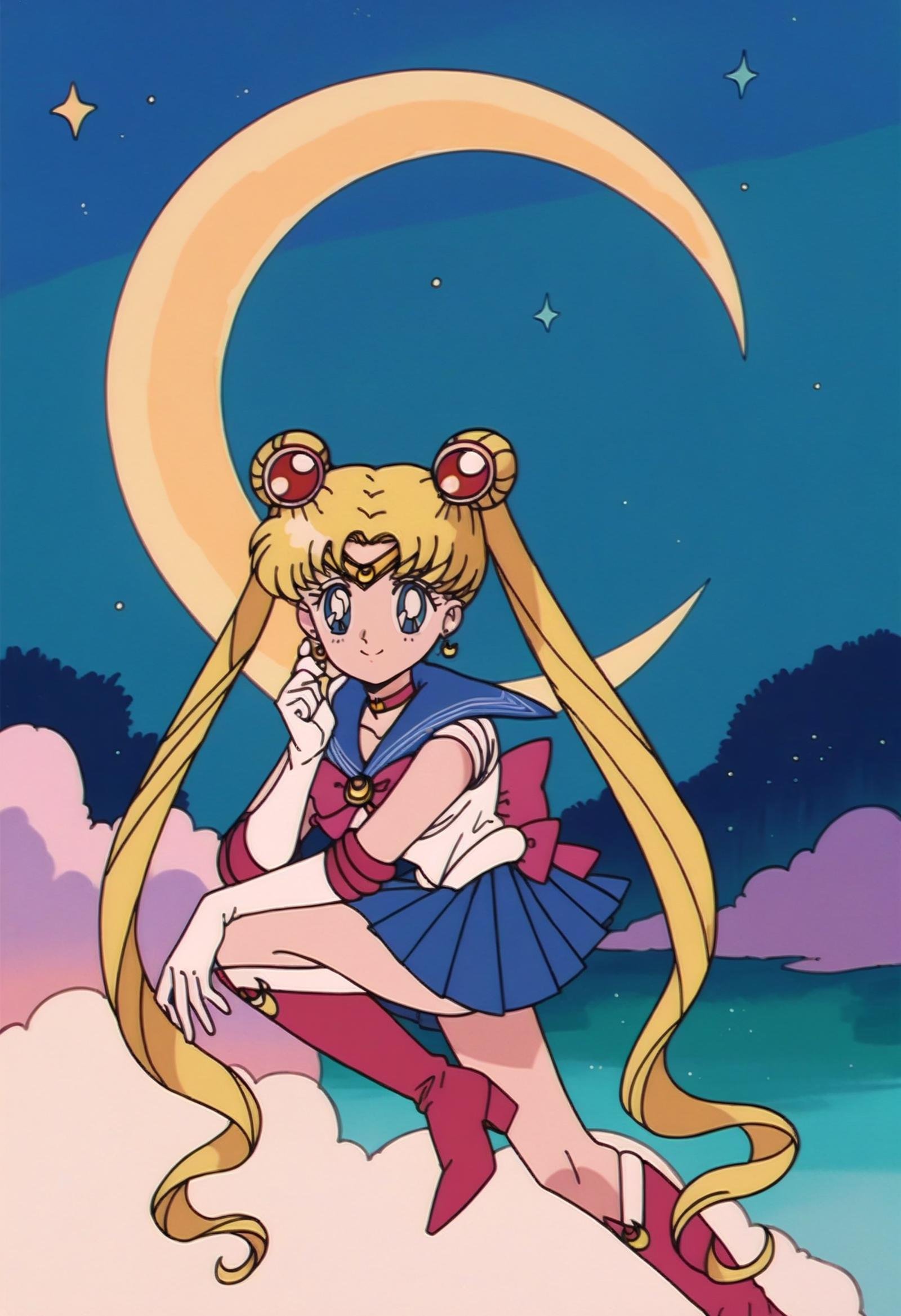 score_9, score_8_up,score_7_up, source_anime, rating_safe, 1girl, solo, tsukino usagi, sailor moon, blonde hair, blue eyes, long hair, very long hair, twintails, hair bun, double bun, miniskirt, choker, bow, crescent earrings, starry sky, knee boots, red choker, white gloves, moon, red bow, sky, magical girl, elbow gloves, star (symbol), closed mouth, earrings, full body, back bow, jewelry, boots, star (sky), sailor senshi uniform, crescent, crescent moon, blue sailor collar, smile, gloves, sailor collar, blue skirt, red footwear, skirt, pleated skirt