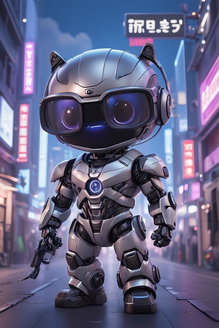 Masterpiece, Top Quality, High Resolution,high detail,Create a cute robot in chibi style with a cute and humorous design. Imagine the robot in a playful pose, maybe holding a small tool or wearing oversized glasses. Add elements that show the robot's charming clumsiness to add to the cuteness.", the background is a high-tech neighborhood colorful advertising lights soft light reflects on the surface of the robot to highlight the robot
