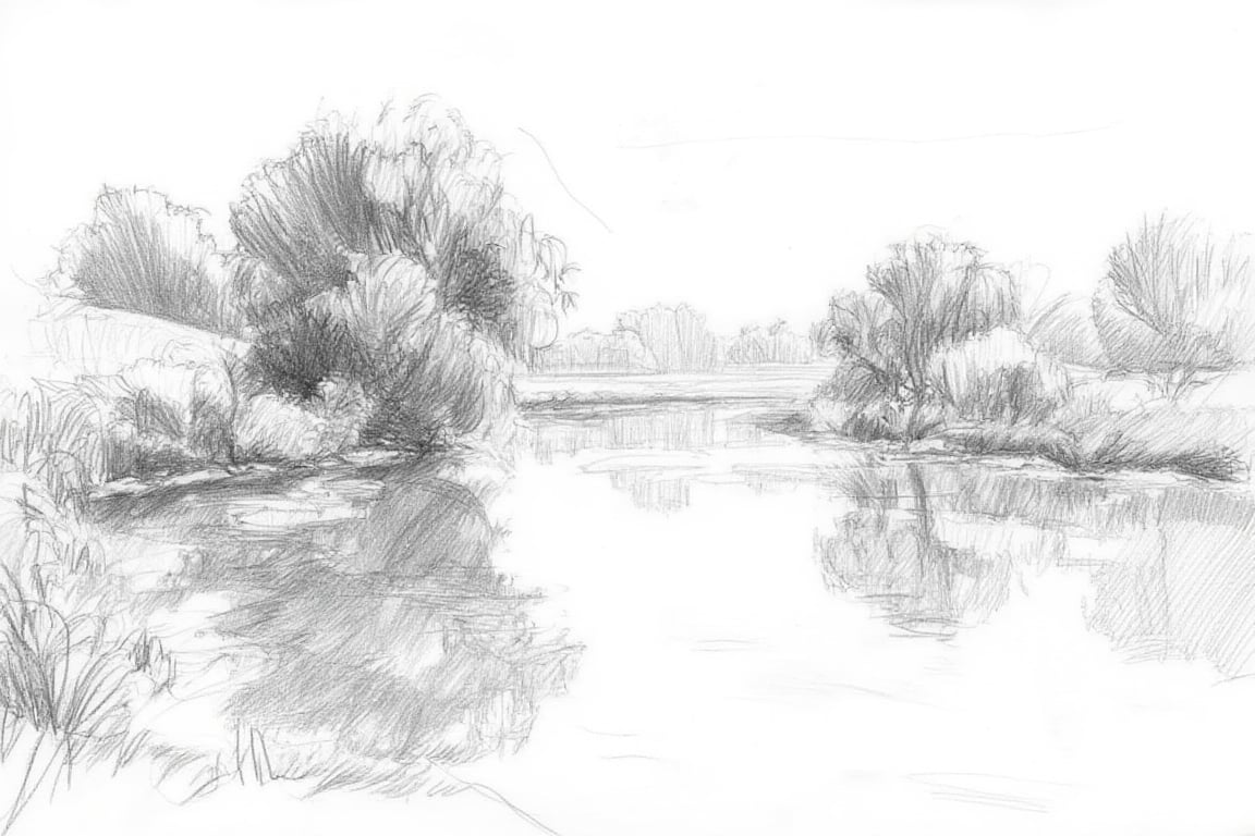 Pencil drawing,  graphite medium, sketch, hatching, scenery, a tranquil lake reflecting the surrounding trees and bushes. Composition follows the golden cut.