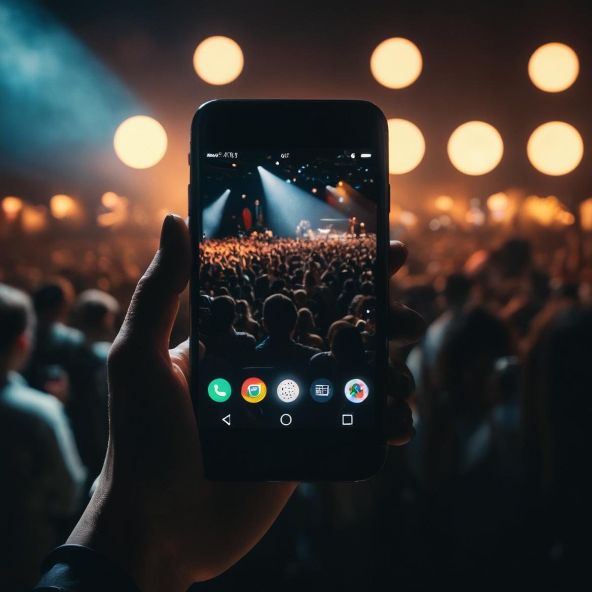 cinematic film still of  <lora:perfection style:0.1> <lora:detailed:0.3> <lora:Chiaroscuro Lighting Style:0.3>A detailed and A perfect photo of a person taking a picture of a concert with their cell phone,hand focus,cinematic hand,best hand,better hand,awesome hand,different hand,covered in shadow,1girl,holding,blurry,depth of field,blurry background,phone,cellphone,smartphone,bokeh,perfection,different color,perfect color,realistic,realism,detailed background,perfect background,different background ,perfect style, perfection style, detailed style, shallow depth of field, vignette, highly detailed, high budget, bokeh, cinemascope, moody, epic, gorgeous, film grain, grainy