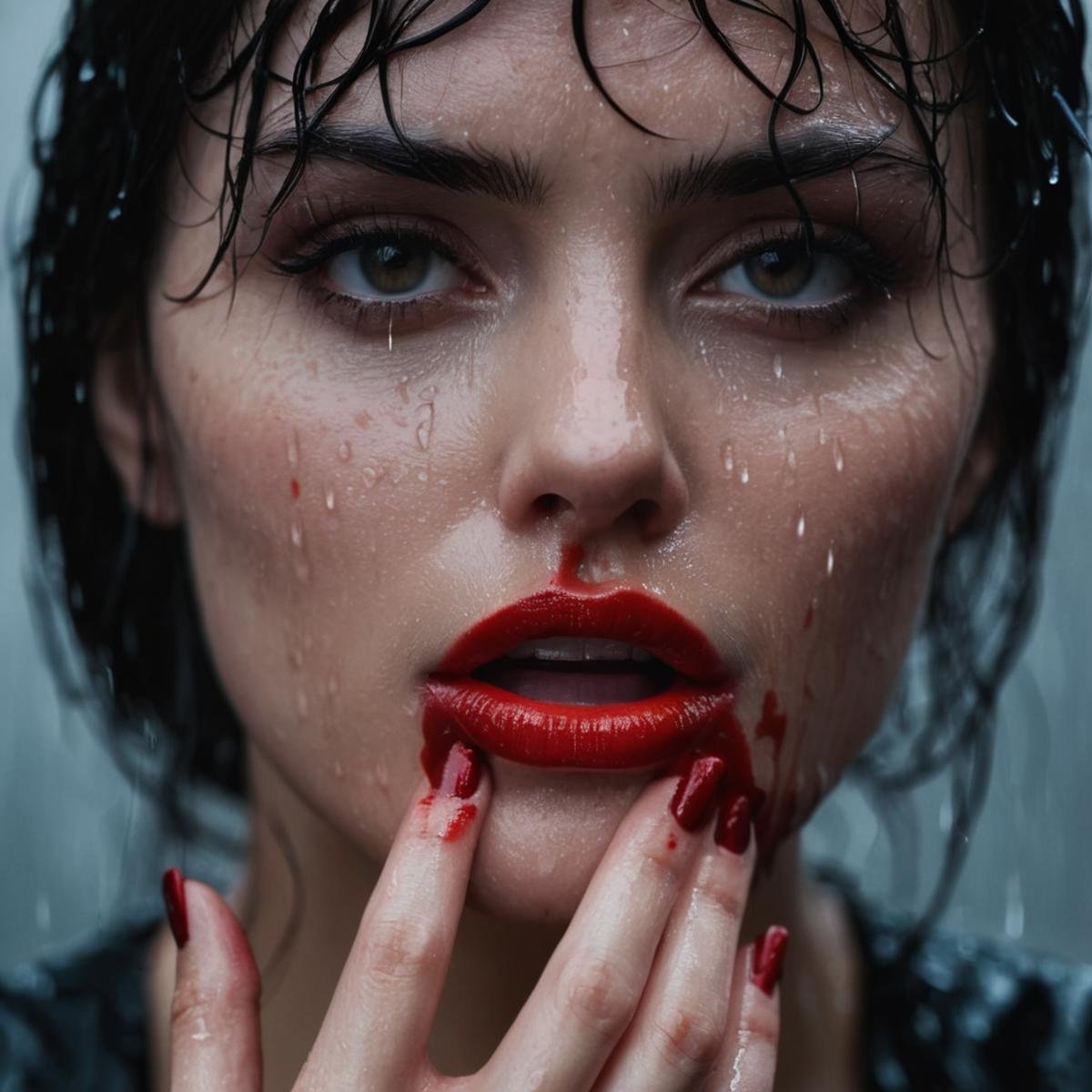 cinematic film still of  <lora:perfection style:0.1> <lora:detailed:0.3> <lora:Chiaroscuro Lighting Style:0.3>A detailed and A perfect photo of a wet woman with a black dress and a red lip covered in blood in a scene from a horror film,hand focus,cinematic hand,best hand,better hand,awesome hand,different hand,1girl,looking at viewer,black hair,upper body,solo focus,blurry,wet,blood,depth of field,blurry background,finger to mouth,rain,blood on face,realistic,perfection,different color,perfect color,realistic,realism,detailed background,perfect background,different background ,perfect style, perfection style, detailed style, shallow depth of field, vignette, highly detailed, high budget, bokeh, cinemascope, moody, epic, gorgeous, film grain, grainy