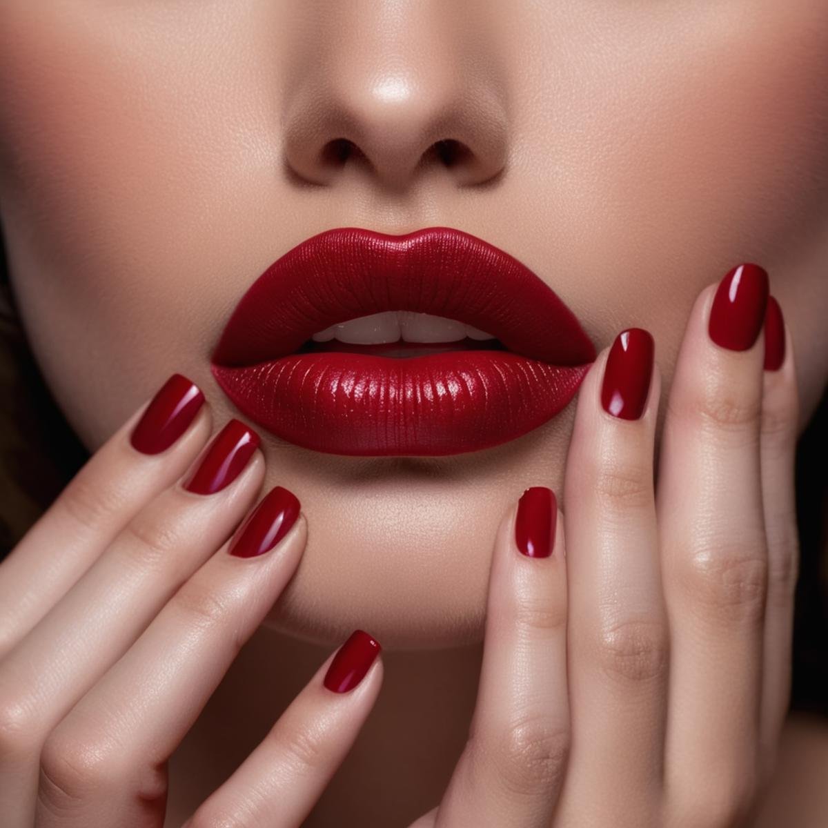 cinematic film still of  <lora:perfection style:0.1> <lora:detailed:0.3> <lora:Chiaroscuro Lighting Style:0.3>A detailed and A perfect photo of a closeup of a woman with a red lip and a burgundy manicure hand nails on her lips,hand focus,cinematic hand,best hand,better hand,awesome hand,different hand,1girl,solo,brown hair,parted lips,teeth,nail polish,lips,fingernails,makeup,lipstick,red nails,close-up,realistic,red lips,nail art,perfection,different color,perfect color,realistic,realism,detailed background,perfect background,different background ,perfect style, perfection style, detailed style, shallow depth of field, vignette, highly detailed, high budget, bokeh, cinemascope, moody, epic, gorgeous, film grain, grainy