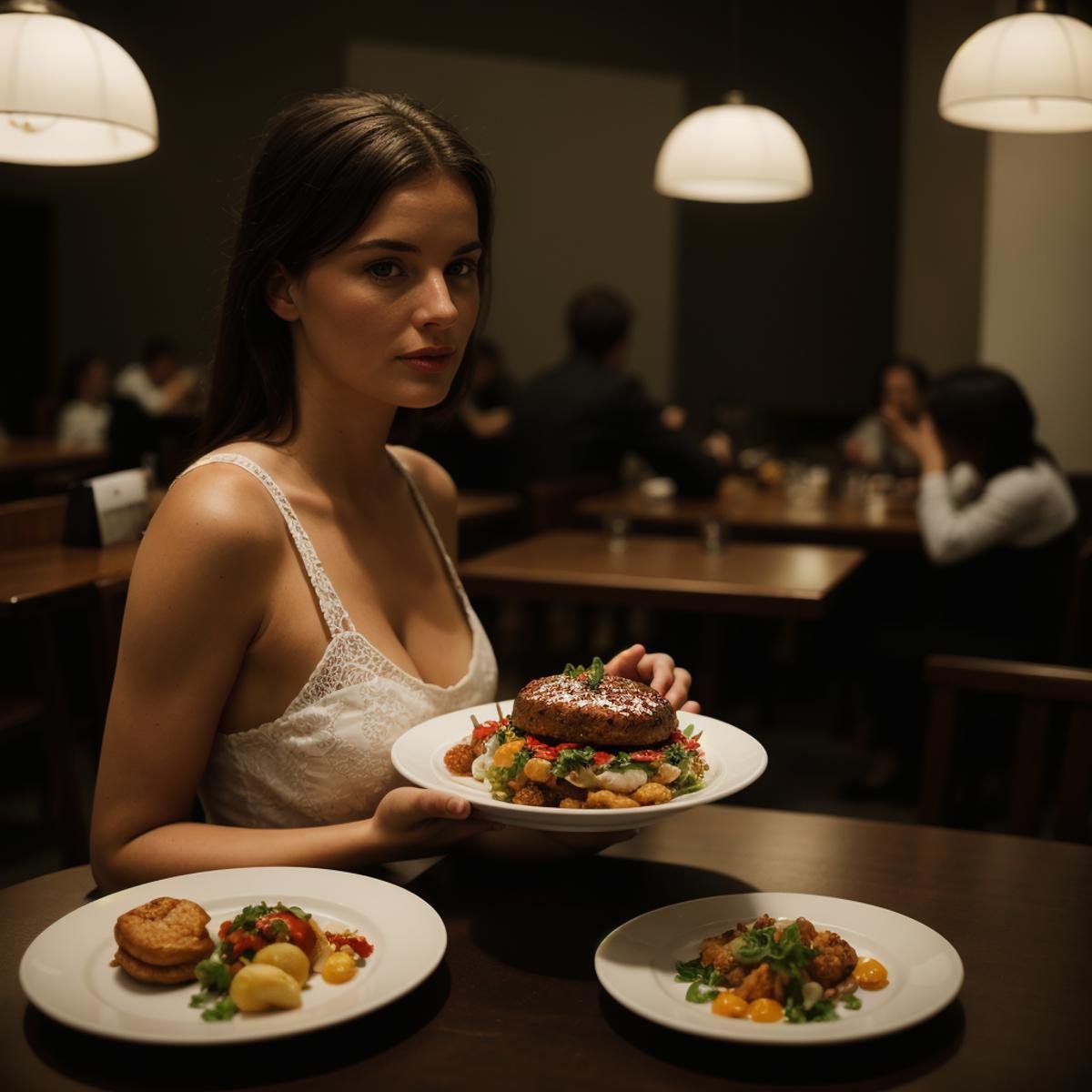 cinematic film still of  <lora:detailed style SD1.5:0.6> <lora:Hand v3 SD1.5:0.1> <lora:perfection style SD1.5:0.8>A perfect photo of a Netherlands woman sitting at a table with a plate of food, shallow depth of field, vignette, highly detailed, high budget, bokeh, cinemascope, moody, epic, gorgeous, film grain, grainy