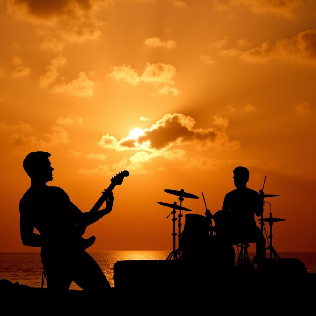 <lora:detailed style v1:1> <lora:hand v1:1> <lora:skin texture style v1:0.1>A detailed and A perfect photo of a silhouette man playing a guitar and a woman playing drums in sunset outdoors,hand focus,cinematic hand,best hand,better hand,awesome hand,different hand,music band of two,ocean in background,epic sunset,golden hour,male focus,outdoors,multiple boys,sky,cloud,2boys,ocean,instrument,sunset,music,sun,horizon,guitar,playing instrument,electric guitar,drum,drum set,perfection,different color,perfect color,realistic,realism,detailed background,perfect background,different background ,perfect style, perfection style, detailed style