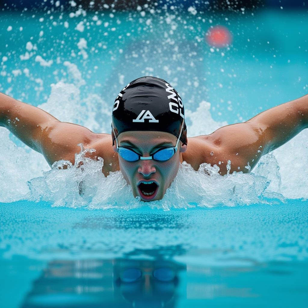 <lora:detailed style v1:1>A detailed and A perfect photo of a man swimming in a pool with a helmet on,hand focus,cinematic hand,best hand,better hand,awesome hand,different hand,solo,looking at viewer,open mouth,blue eyes,1boy,hat,male focus,teeth,water,ocean,goggles,baseball cap,realistic,splashing,waves,swimming,swim cap,perfection,different color,perfect color,realistic,realism,detailed background,perfect background,different background ,perfect style, perfection style, detailed style