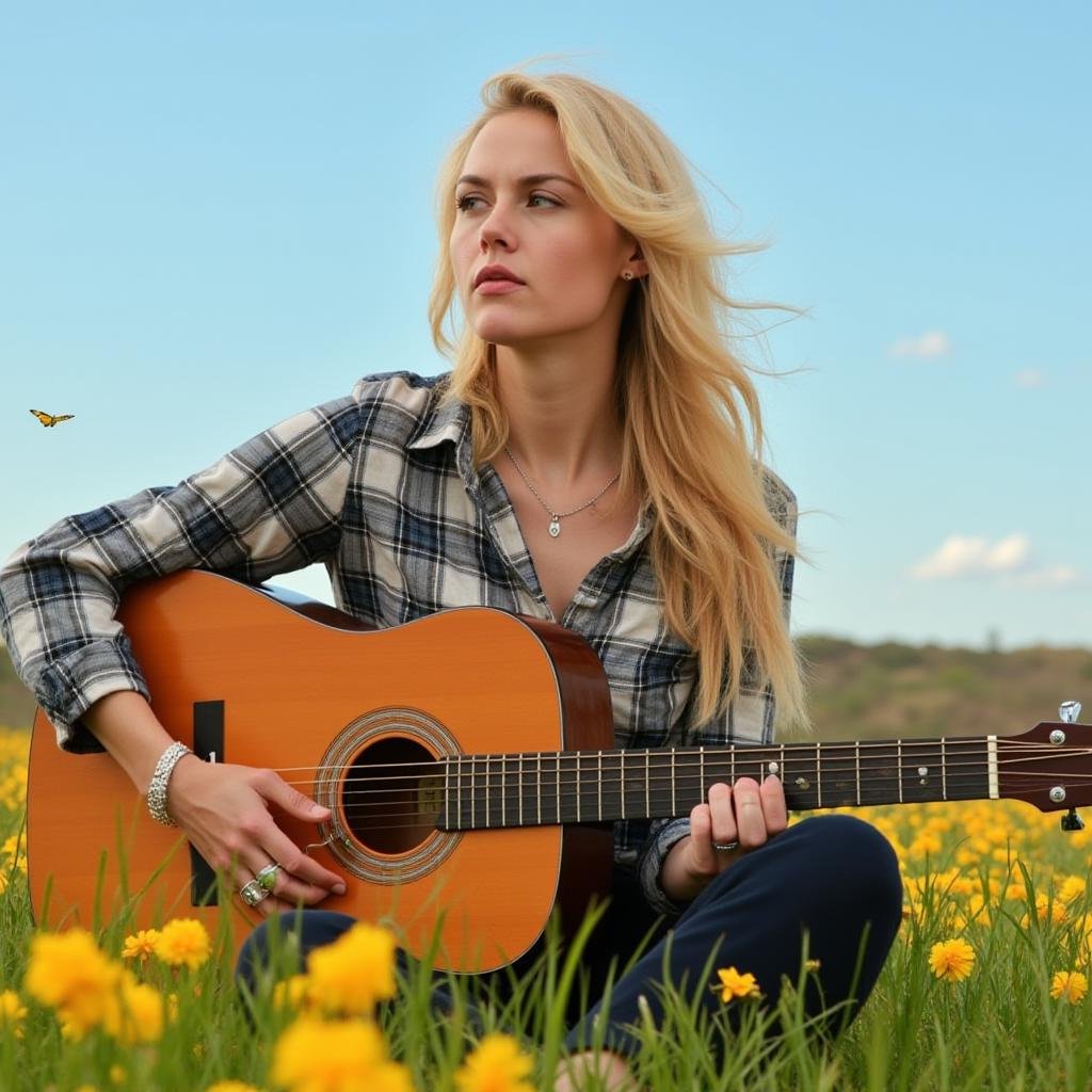 <lora:detailed style v1:1>A detailed and A perfect photo of a woman sitting in a field playing with a guitar,hand focus,cinematic hand,best hand,better hand,awesome hand,different hand,1girl,solo,long hair,blonde hair,shirt,long sleeves,jewelry,sitting,flower,outdoors,sky,day,pants,necklace,blue sky,lips,plaid,ring,grass,bug,instrument,music,guitar,playing instrument,plaid shirt,plaid jacket,acoustic guitar,perfection,different color,perfect color,realistic,realism,detailed background,perfect background,different background,butterfly ,perfect style, perfection style, detailed style