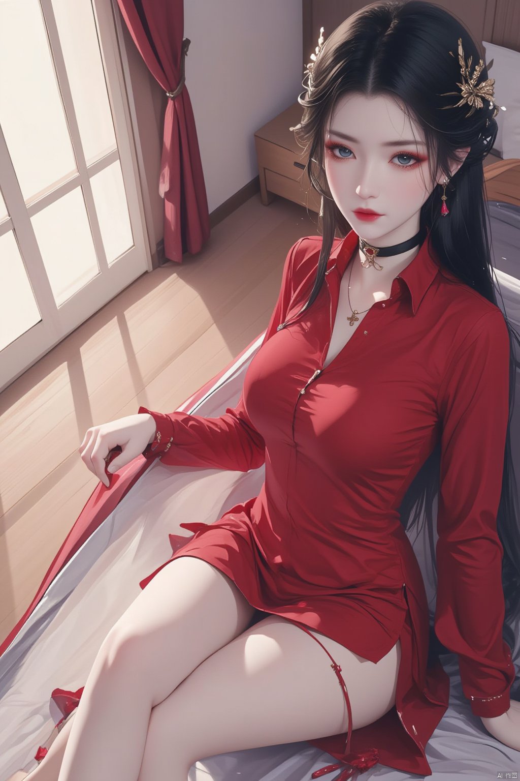  8K image., shinkai color, ((poakl)),GF,1girl, solo, long hair, looking at viewer, black hair, hair ornament, long sleeves, dress, jewelry, sitting, full body, earrings, indoors, necklace, high heels, legs, bare legs, window, bed, chinese clothes, red dress, ring, curtains, red footwear, tassel, windowsill