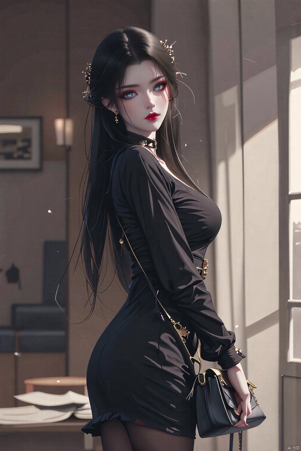  8K image. ((poakl)),1girl, solo, long hair, breasts, looking at viewer, blue eyes, black hair, long sleeves, dress, jewelry, standing, ass, pantyhose, earrings, looking back, indoors, bag, black dress, from side, lips, black pantyhose, makeup, lipstick, handbag, red lips