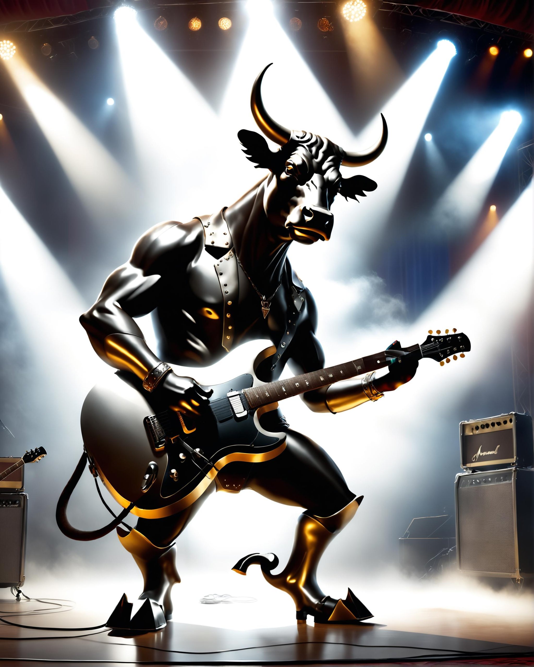 anthropomorphic bull rocking an electric guitar on stage, spotlights, fog, misty  <lora:dvr-chrm-v1:0.8> dvr-chrm