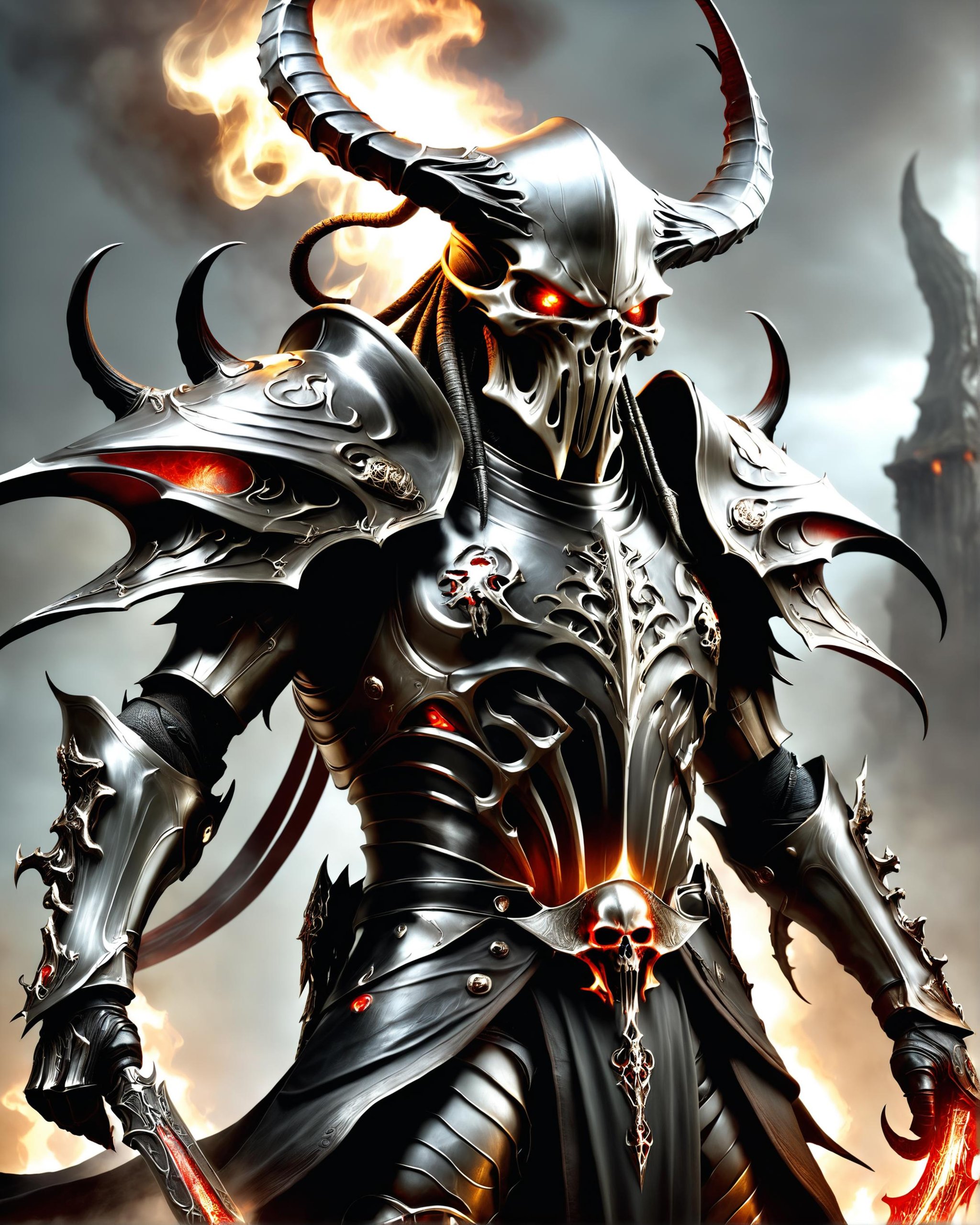 a Cthulhu warrior fantasy character with red glowing eyes wearing black Daedric rises from the burning ashes, horned helmet revealing long flowing shiny tendrils, striated armor, skull belt, ultra realistic, concept art, intricate details, highly detailed by greg rutkowski and simon bisley, dark atmosphere, moody lighting<lora:dvr-chrm-v1:0.8> dvr-chrm