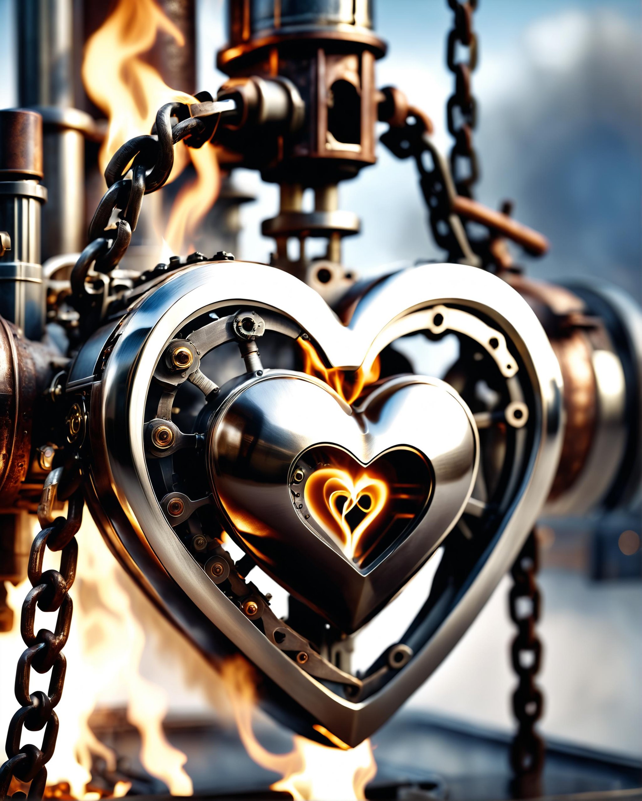 award winning photo of a transhumanistic steam engine heart with intricate metallic parts on fire restrained by rusty chains, Fujifilm photography, film, bokeh, professional, 4k, highly detailed<lora:dvr-chrm-v1:0.8> dvr-chrm