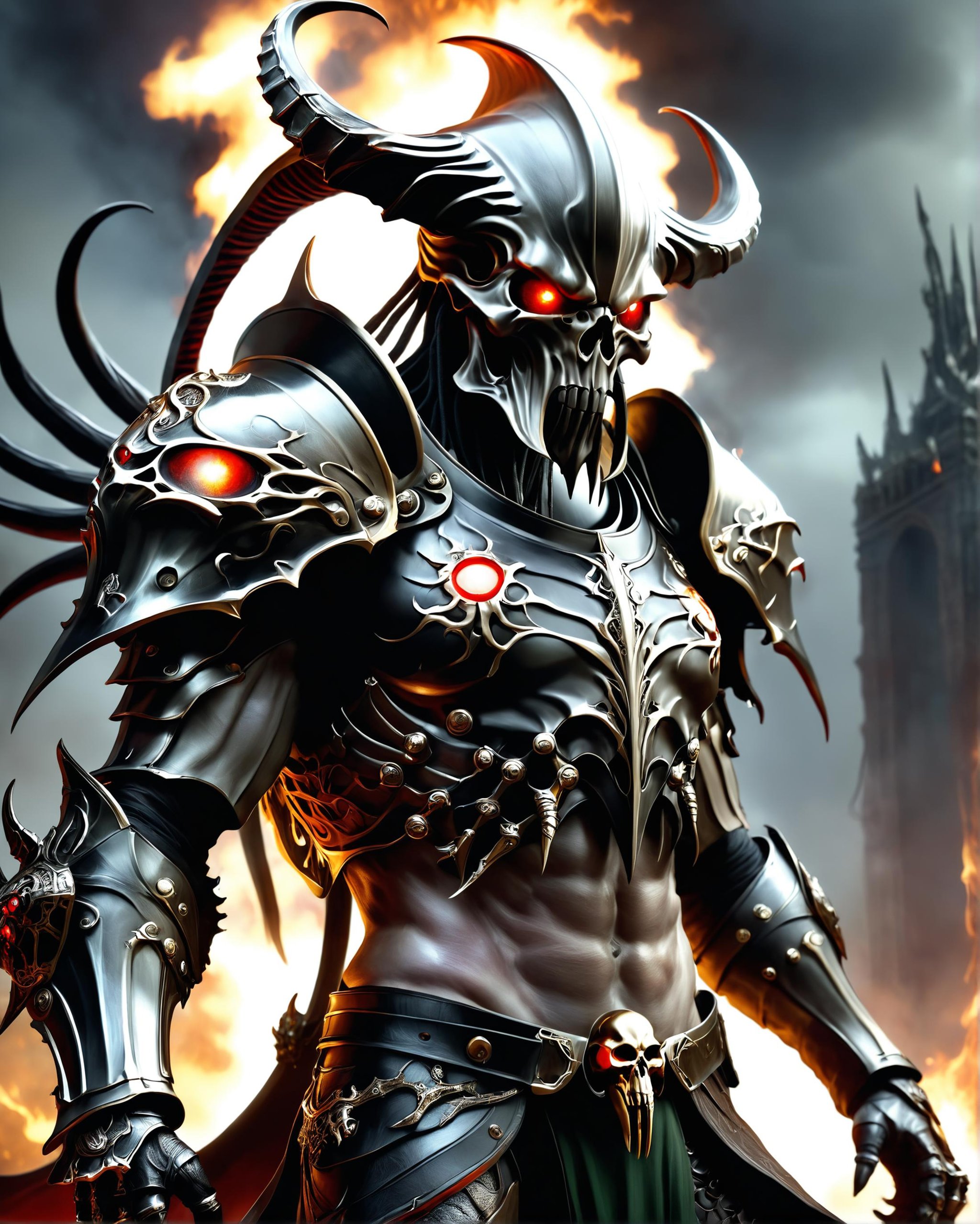 a Cthulhu warrior fantasy character with red glowing eyes wearing black Daedric rises from the burning ashes, horned helmet revealing long flowing shiny tendrils, striated armor, skull belt, ultra realistic, concept art, intricate details, highly detailed by greg rutkowski and simon bisley, dark atmosphere, moody lighting<lora:dvr-chrm-v2:0.8> dvr-chrm