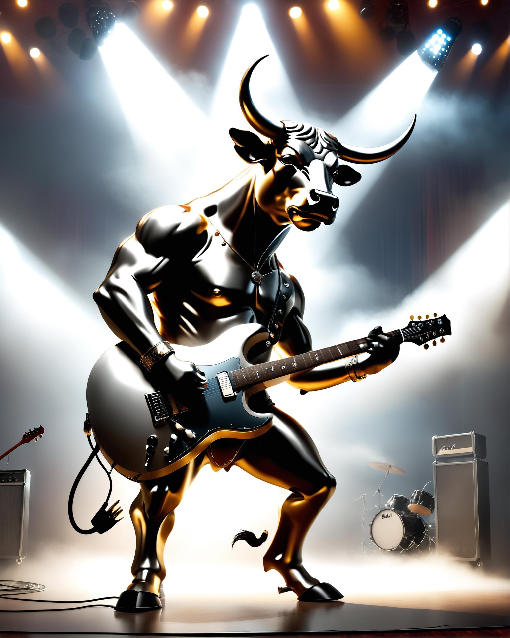 anthropomorphic bull rocking an electric guitar on stage, spotlights, fog, misty  <lora:dvr-chrm-v2:0.8> dvr-chrm