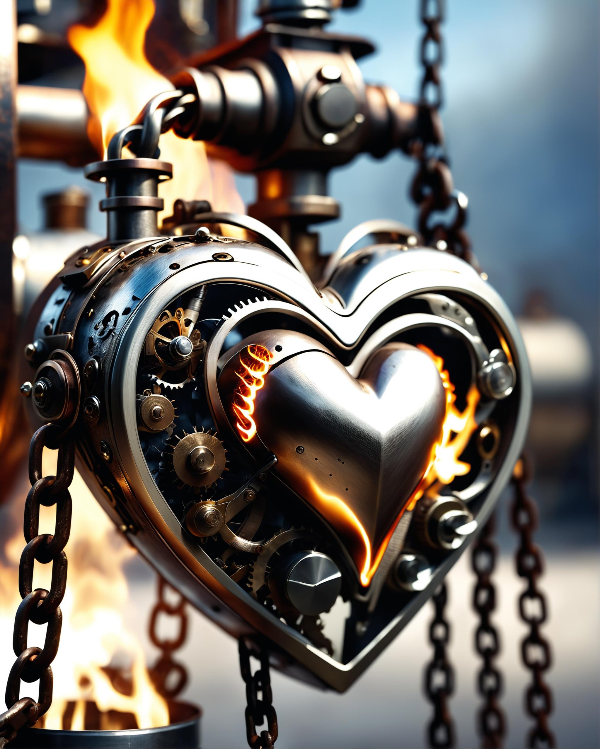 award winning photo of a transhumanistic steam engine heart with intricate metallic parts on fire restrained by rusty chains, Fujifilm photography, film, bokeh, professional, 4k, highly detailed<lora:dvr-chrm-v2:0.8> dvr-chrm