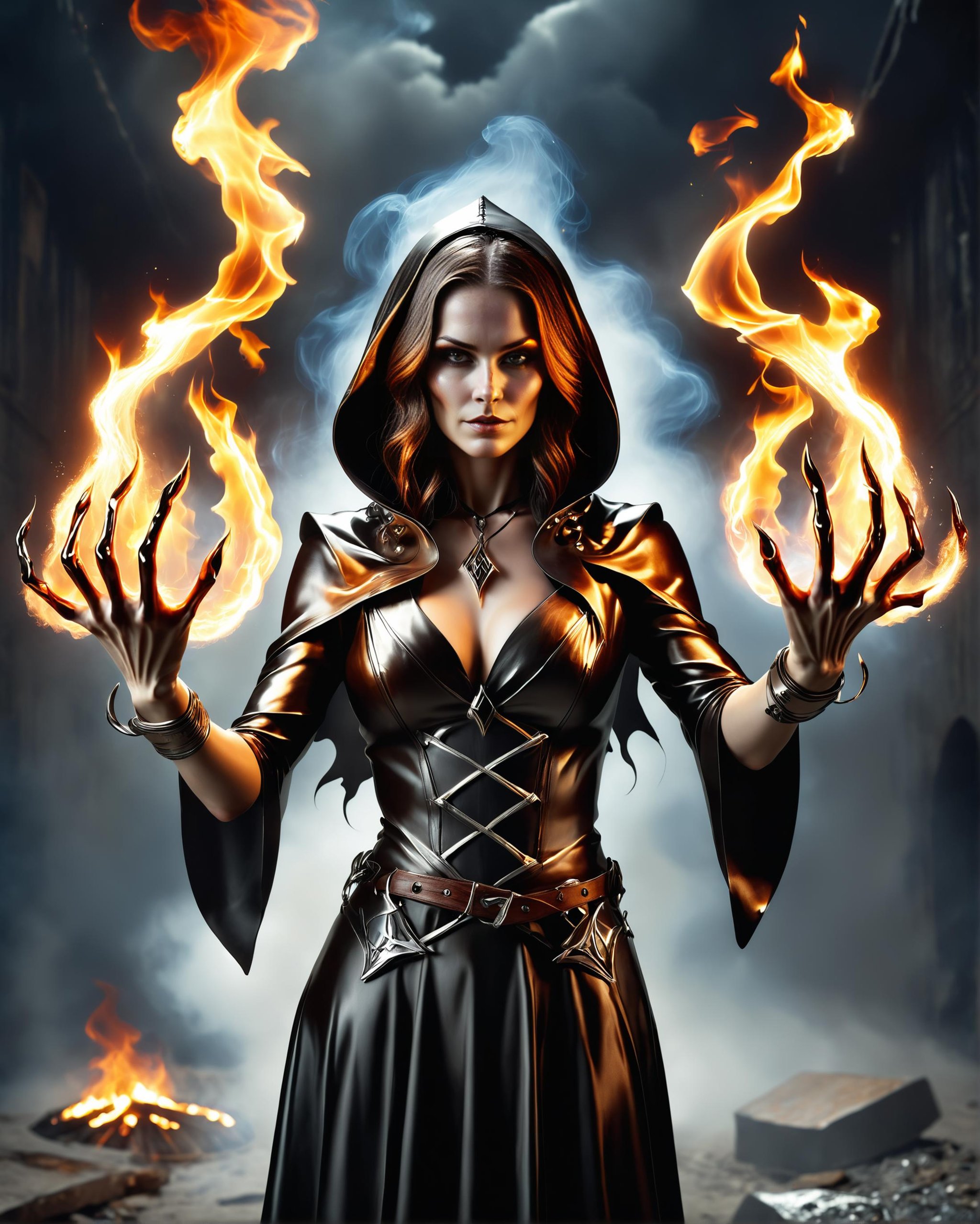 award winning photo of a witch with flaming fire elemental hands, apocalyptic dark background<lora:dvr-chrm-v2:0.8> dvr-chrm