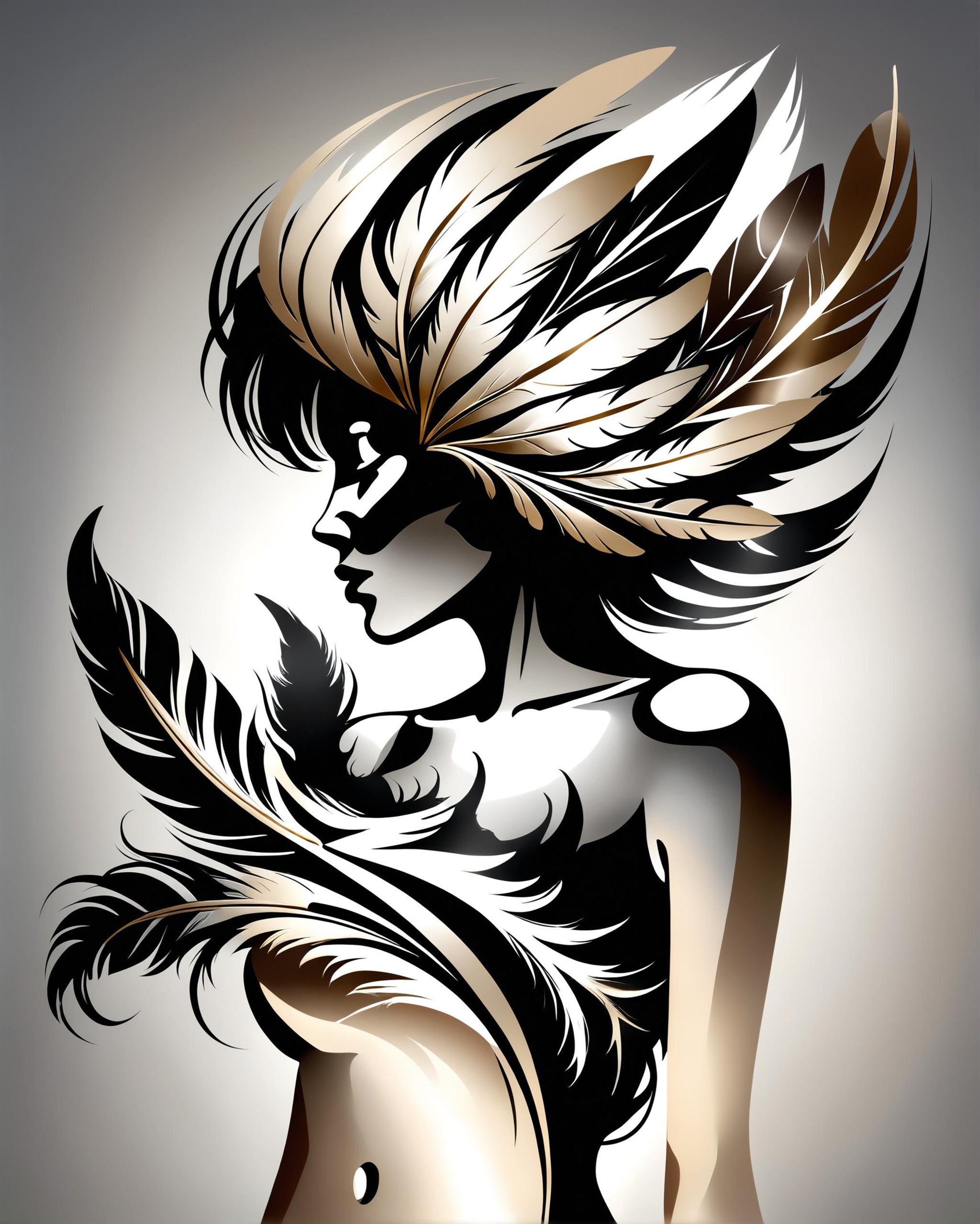 woman silhouette stylized as a feather stylized as a bundle of feathers, negative space<lora:dvr-chrm-v2:0.8> dvr-chrm