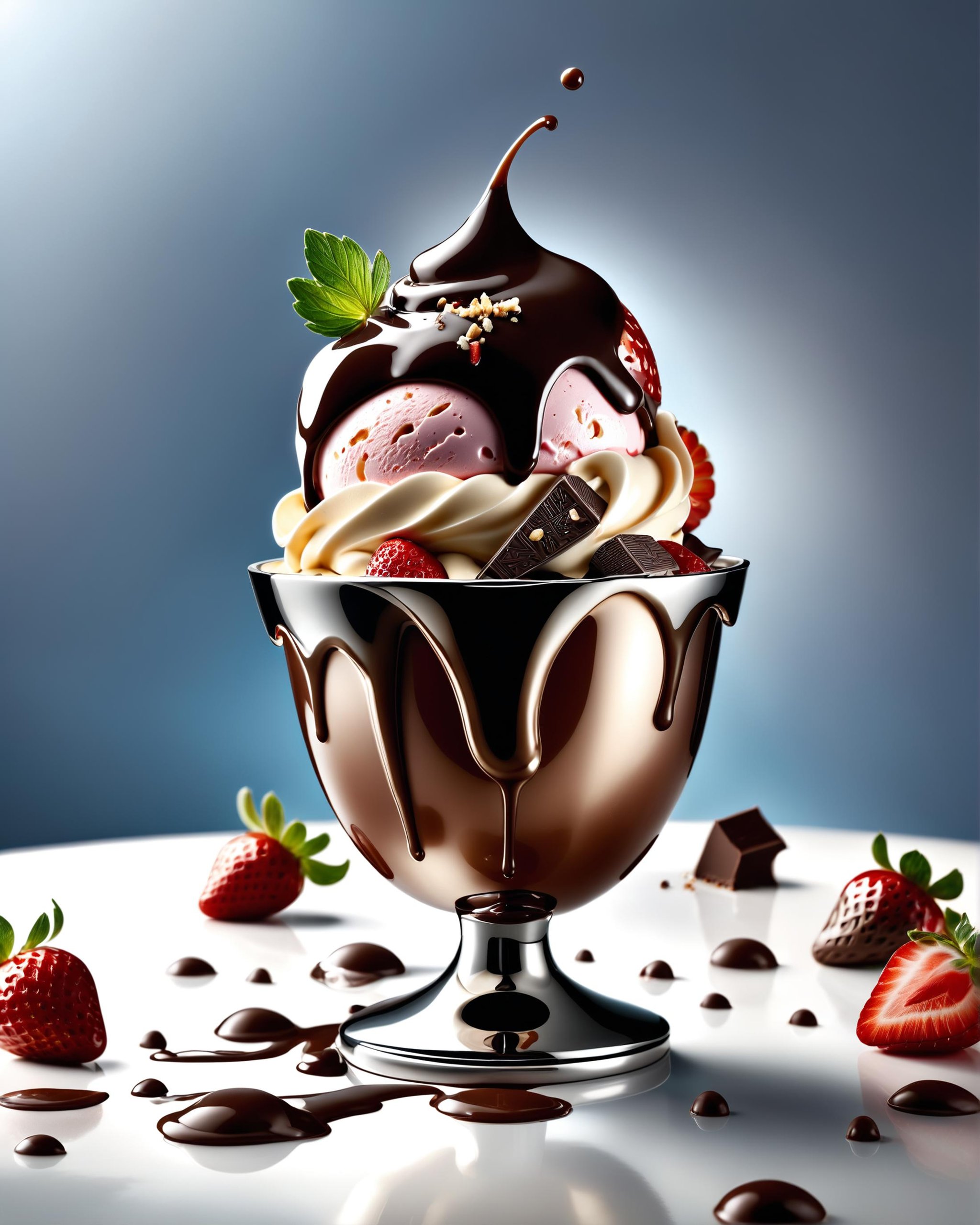 award winning product photography, restaurant ice cream fantasy with a towering strawberry, product advert, view from below, chocolate sauce and sprinkles splash, a wave of fruity flavor, chocolate flake, elegant composition, studio lighting, bokeh, frosty inviting atmosphere, f/4, canon eos m50 mark ii <lora:dvr-chrm:0.8> dvr-chrm