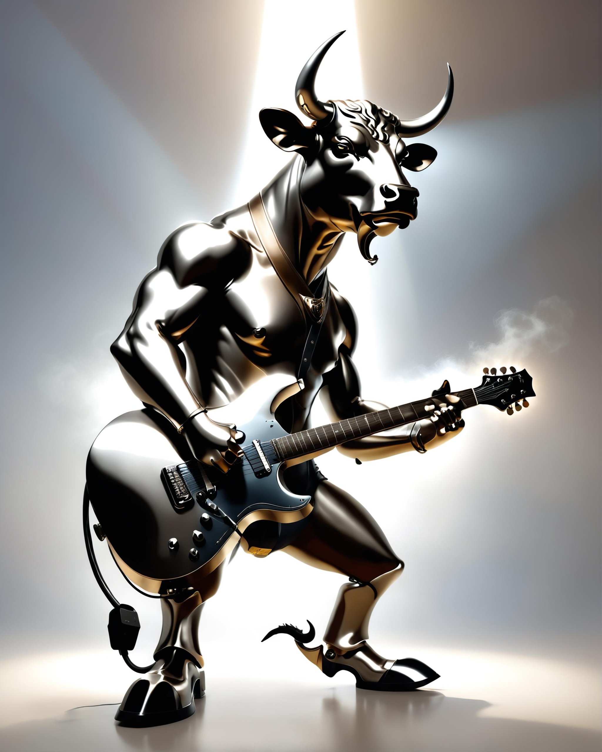 anthropomorphic bull rocking an electric guitar on stage, spotlights, fog, misty  <lora:dvr-chrm:0.8> dvr-chrm