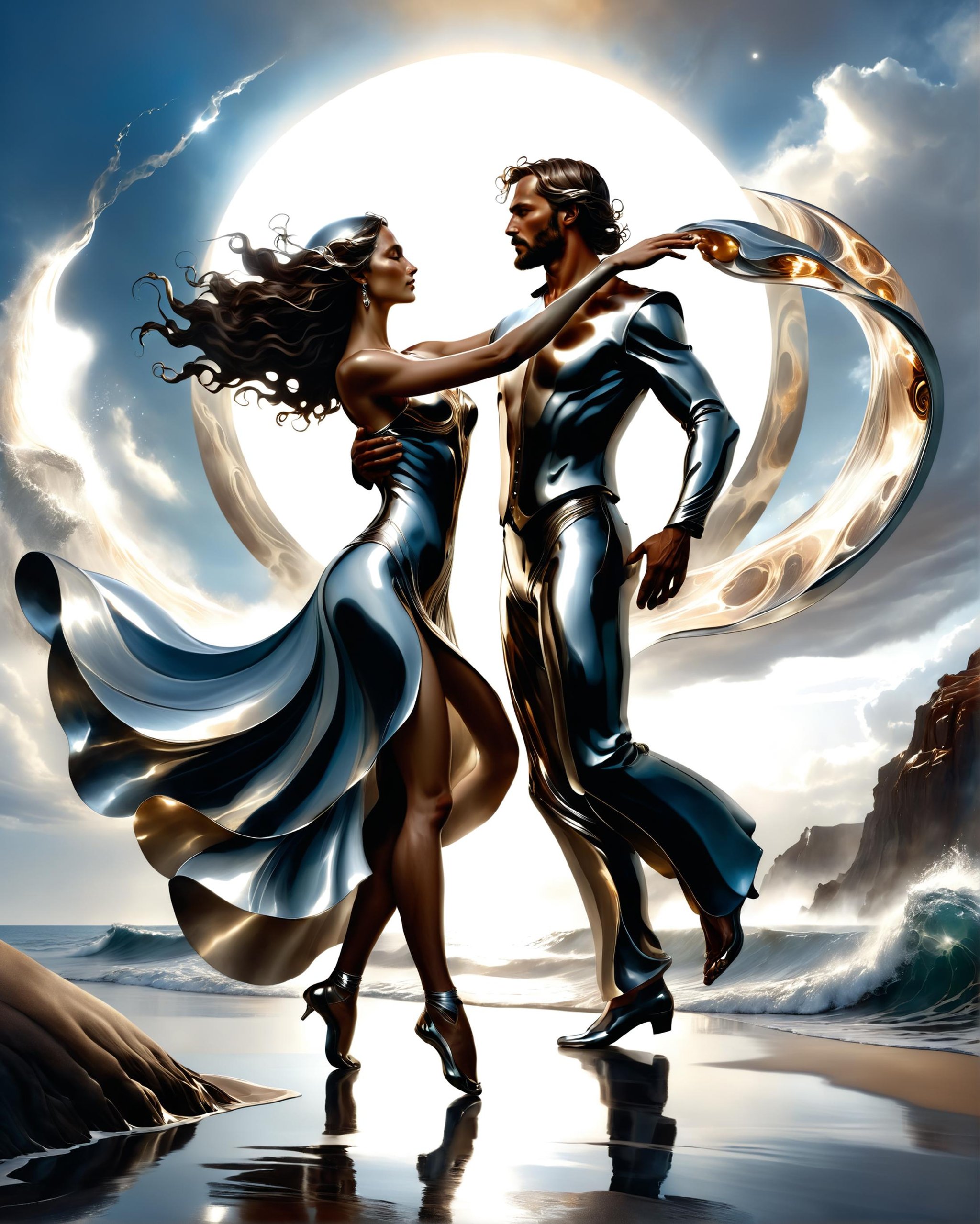 dancing couple inspired by ocean waves and molten metal, magnificent, celestial, ethereal, painterly, epic, majestic, magical, fantasy art, cover art, dreamy<lora:dvr-chrm:0.8> dvr-chrm