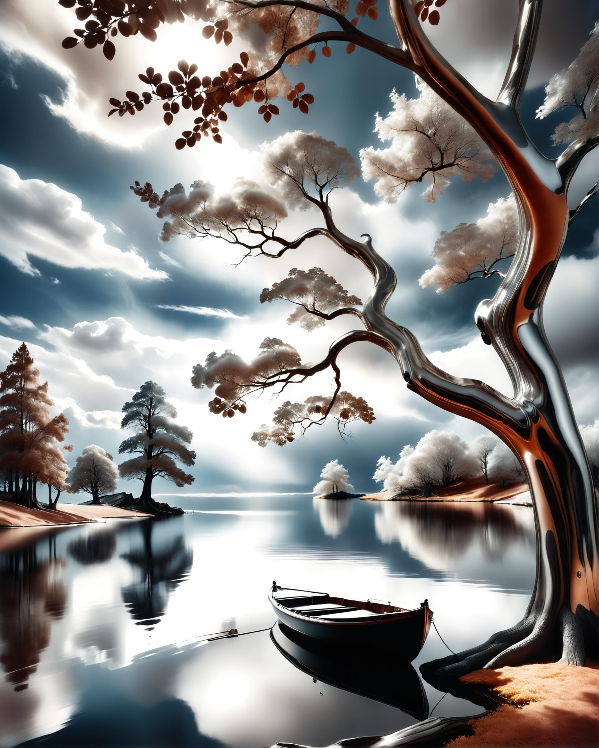 cinematic photo , infrared photography, lake, ripples, off-center large tree, clouds, boat, chaotic composition, high contrast, water reflection shows a different reality, 35mm photograph, film, bokeh, professional, 4k, highly detailed<lora:dvr-chrm:0.8> dvr-chrm