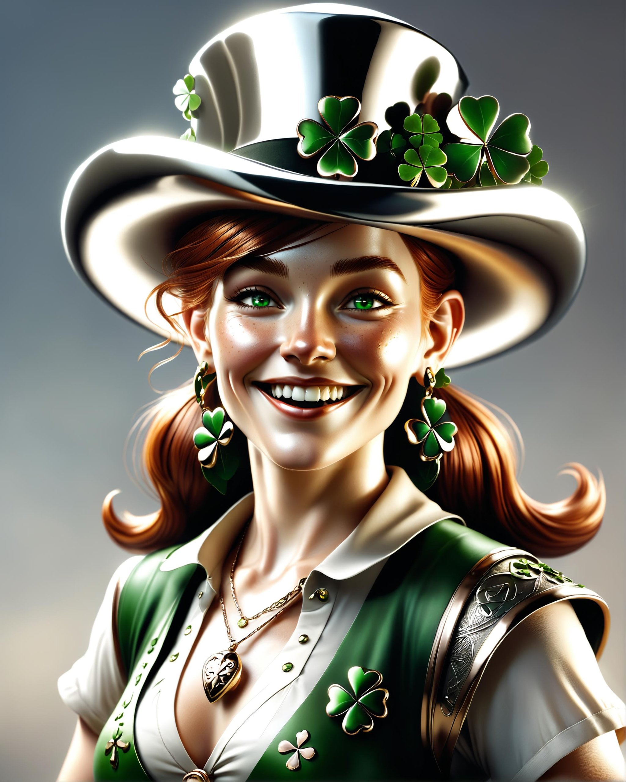 big smile female leprechaun, squinting, cocked hat, clovers, raining clovers, clover earrings, clover patterned vest, clover pendant, clover buttons, red hair, it's fucking clovers everywhere and it's windy, high contrast, intricate details, dynamic lighting, Photorealistic, Hyperrealistic, Hyperdetailed, analog style, detailed skin, matte skin, soft lighting, subsurface scattering, realistic, heavy shadow, masterpiece, best quality, ultra realistic, 8k, golden ratio, Intricate, High Detail, film photography, soft focus<lora:dvr-chrm:0.8> dvr-chrm