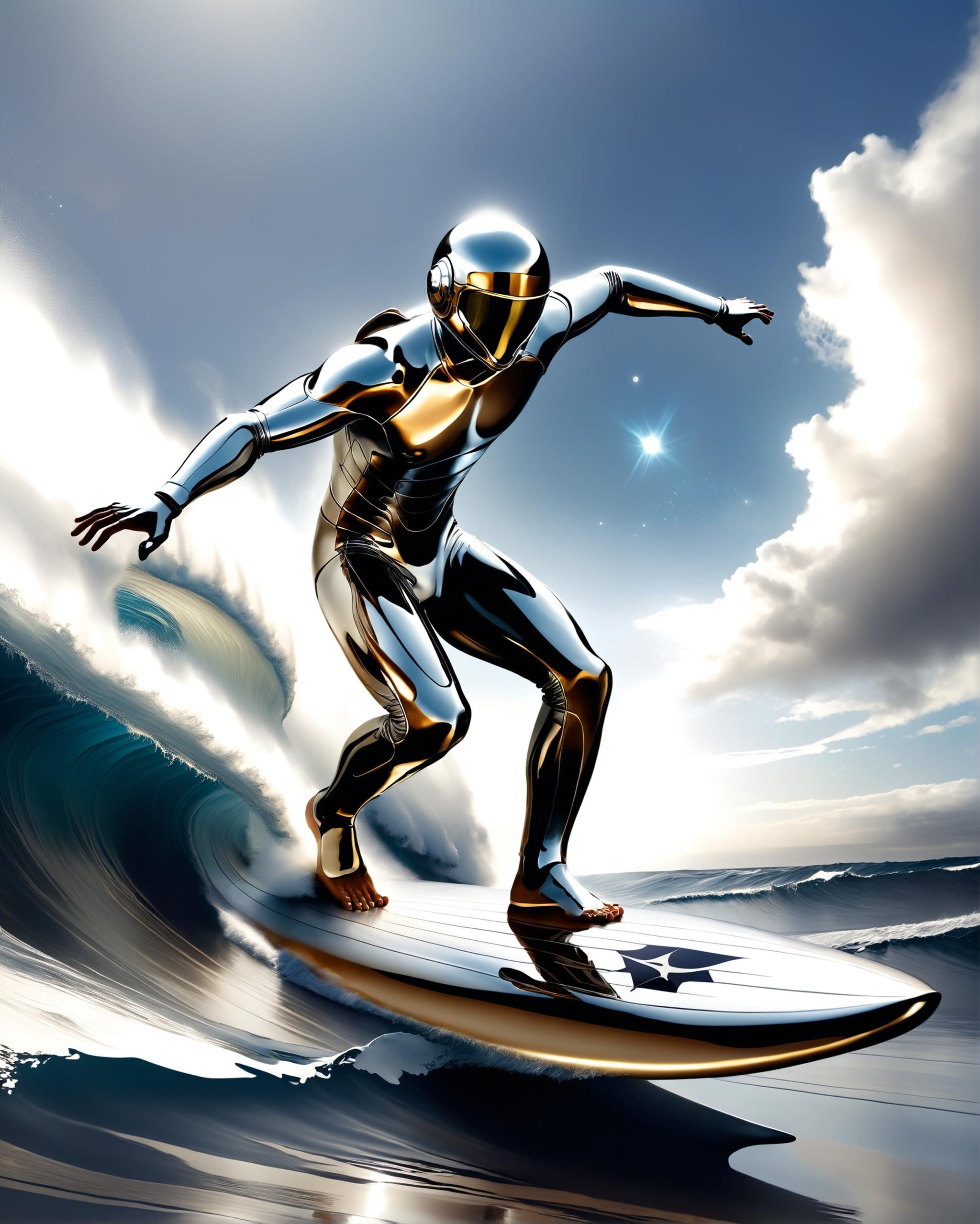 a galactic surfer riding a large wave ready to hit the shore<lora:dvr-chrm:0.8> dvr-chrm