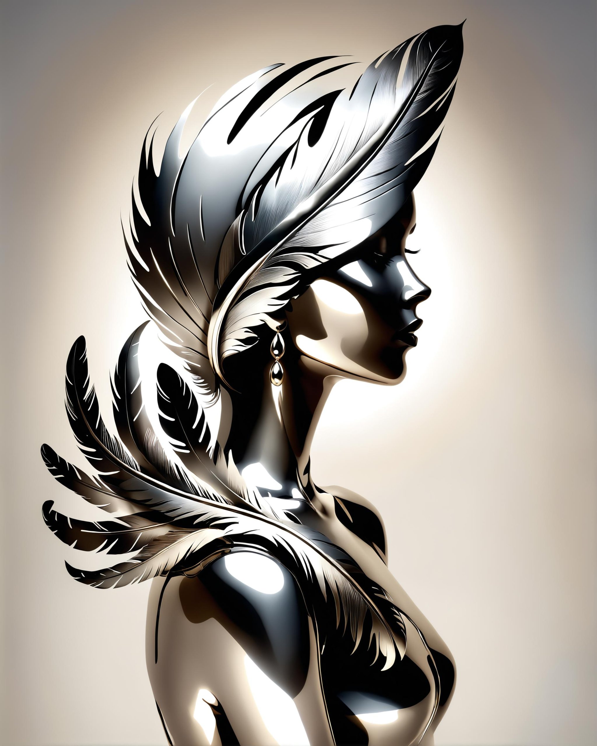 woman silhouette stylized as a feather stylized as a bundle of feathers, negative space<lora:dvr-chrm:0.8> dvr-chrm