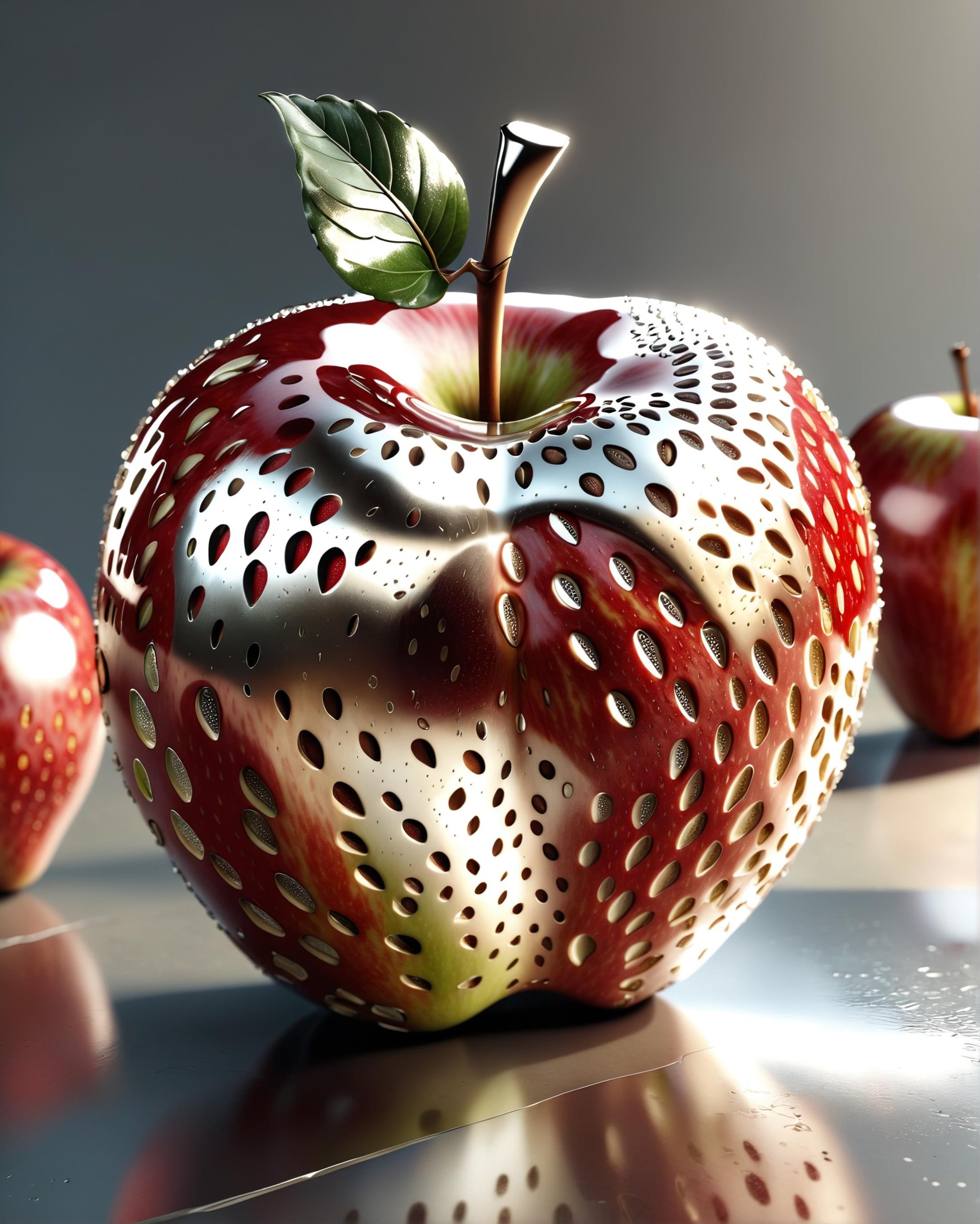 an apple covered in strawberry scales, cinema 4d multi-pass ray traced, 8k fabric texture details, grungy, digital painting, artstation, smooth, sharp focus, 4k, post-processing<lora:dvr-chrm:0.8> dvr-chrm