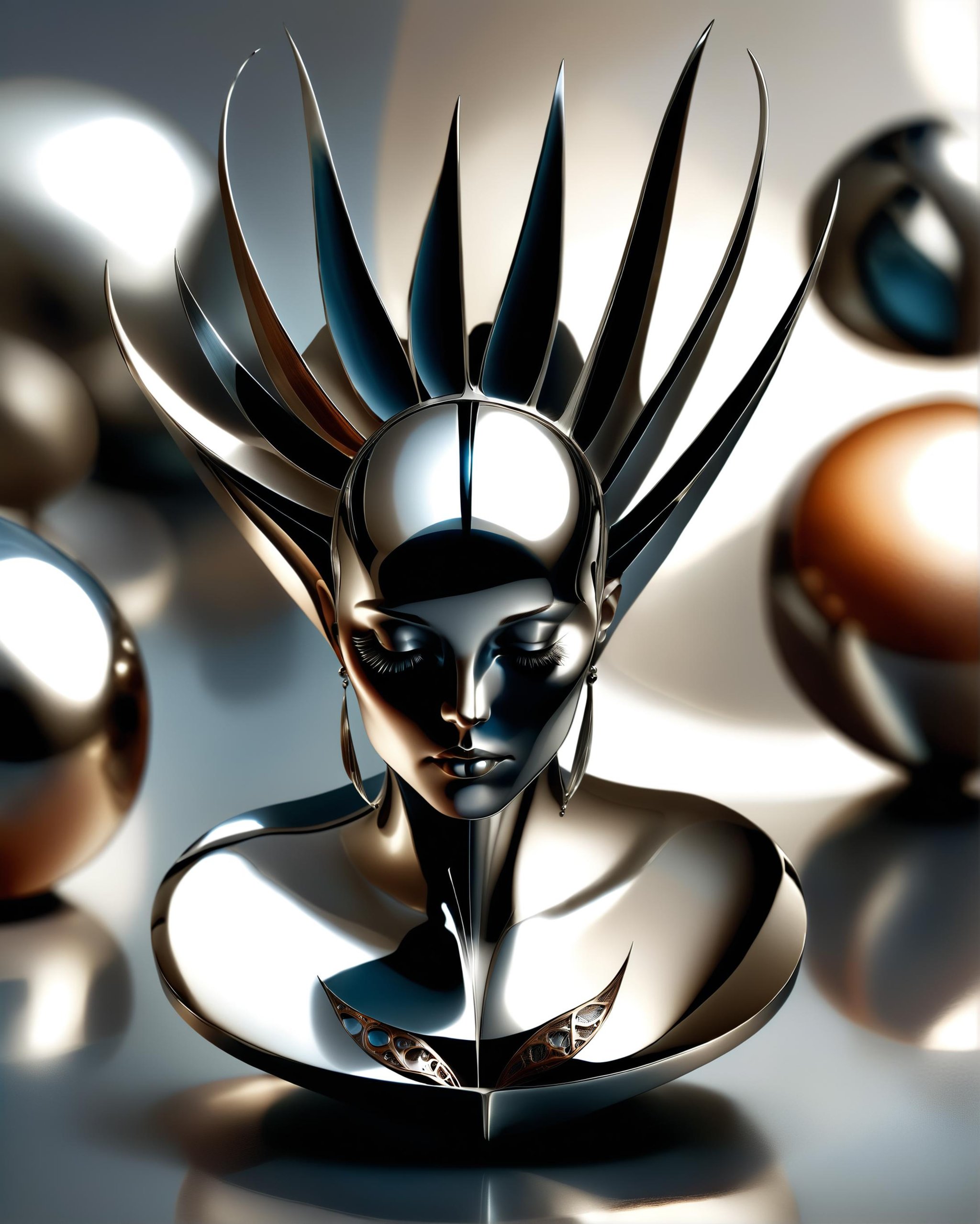 [ nanite geometry, thorny sundae :concept art of a silhouette outline of a woman, half computer body and silver filigree and obsidian leaf, textured filigree veins, polished silver, blue hues: 4 ], by (Igor Morski and Kati Horna :1.2), orange tan background<lora:dvr-chrm:0.8> dvr-chrm