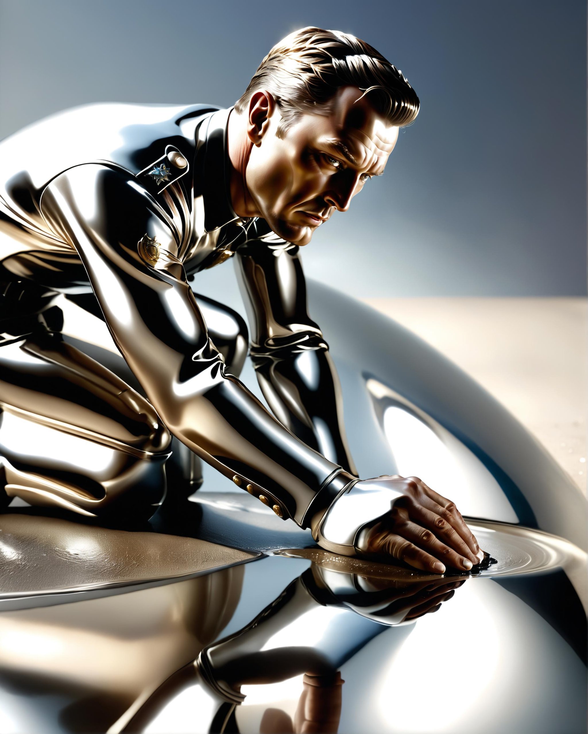 [human doing pushups : blob vaguely shaped like a human, Robert Patrick wearing a police officer uniform : 5] rising from a puddle of liquid mercury, extremely shiny, smooth surface texture, polished surface, reflective, 45 degrees angle from the front, tesselation, Photorealistic, Hyperrealistic, Hyperdetailed, analog style, detailed skin, matte skin, soft lighting, subsurface scattering, realistic, heavy shadow, masterpiece, best quality, ultra realistic, 8k, golden ratio, Intricate, High Detail, film photography, soft focus<lora:dvr-chrm:0.8> dvr-chrm