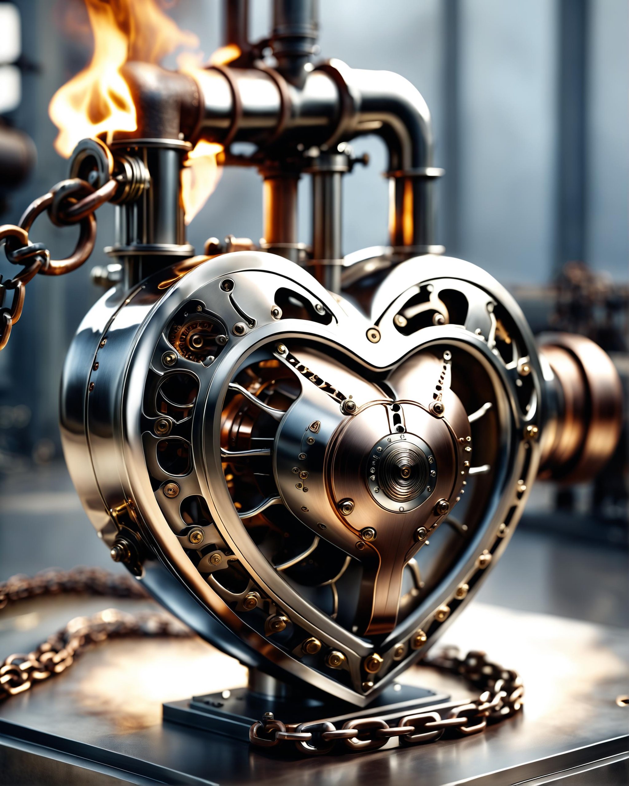 award winning photo of a transhumanistic steam engine heart with intricate metallic parts on fire restrained by rusty chains, Fujifilm photography, film, bokeh, professional, 4k, highly detailed<lora:dvr-chrm:0.8> dvr-chrm