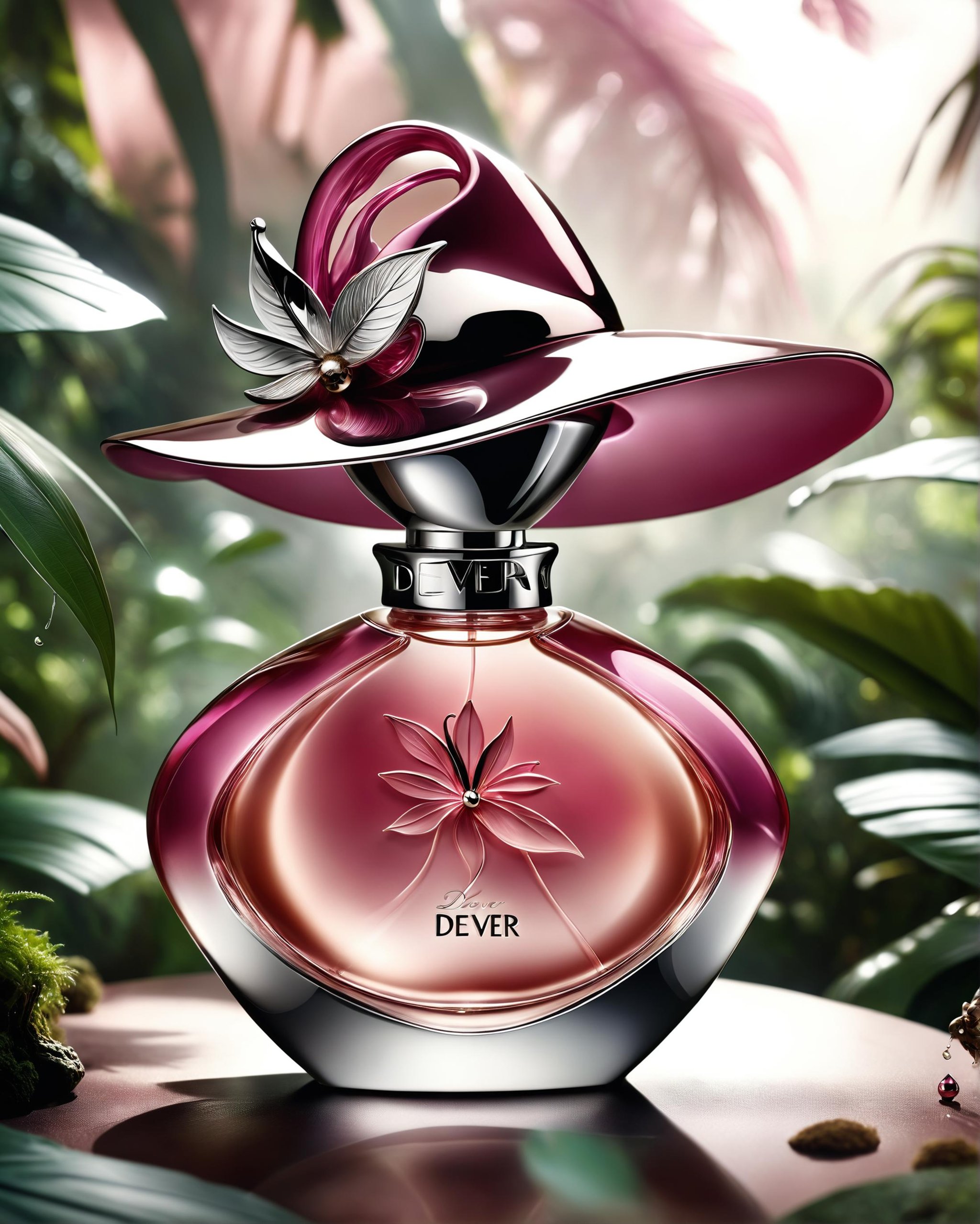 concept art of a woman-shaped (pink liquid perfume bottle:1.2) with a large hat and big chest, abstract art creations by Dever - Paris, product photography, selective focus, bokeh, realistic photography, Canon EOS, background is a lush jungle, moist atmosphere, sprayed water vapor<lora:dvr-chrm:0.5> dvr-chrm