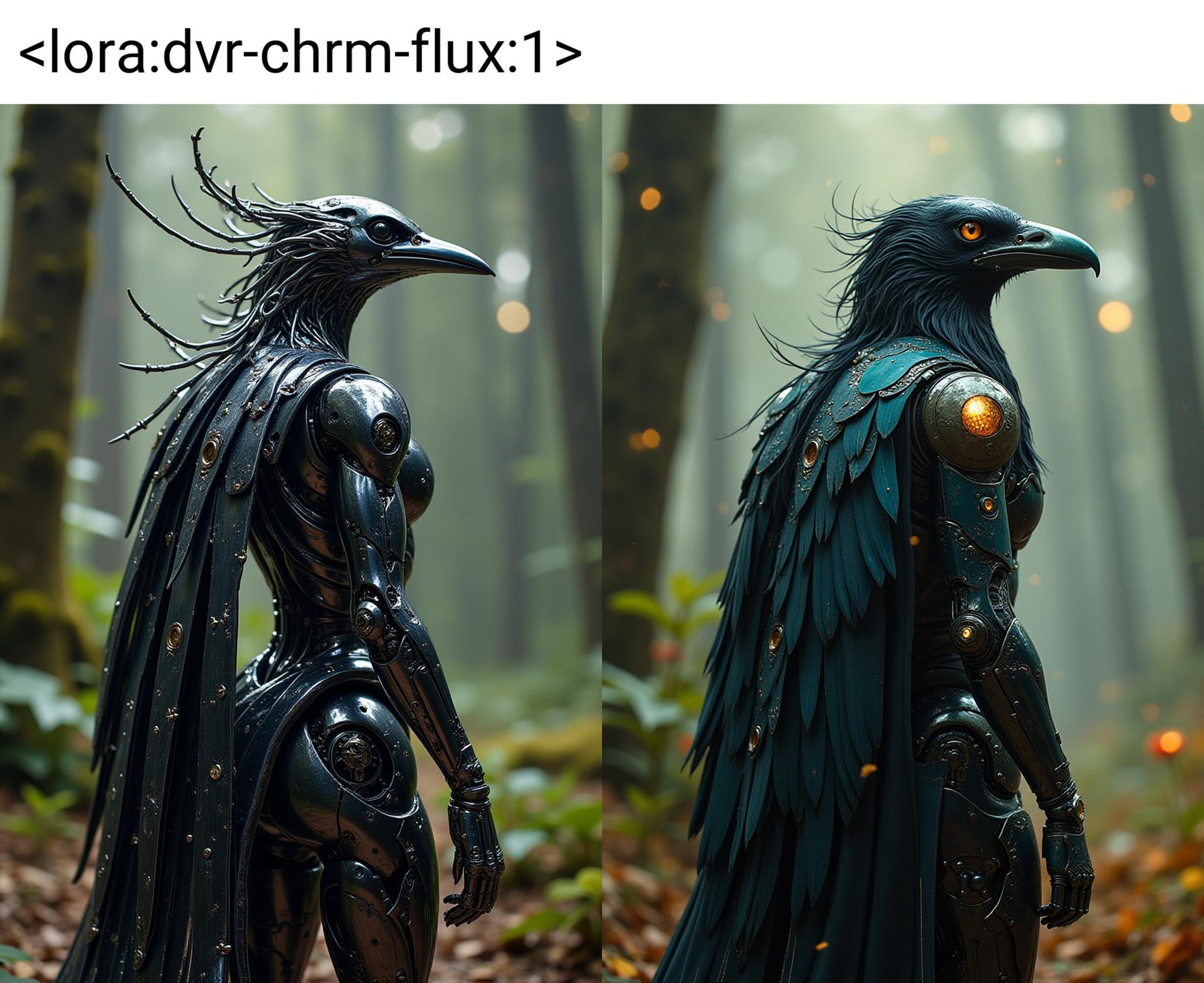 sci-fi, digital art, shot from behind of a robotic Lark, it is wearing an epic cybernetics, It is exquisite and noir, in focus, Hopeful, designed by Ralph Horsley, <lora:dvr-chrm-flux:1>, fertile, excellent composition, epic, contemporary, full color, flowing