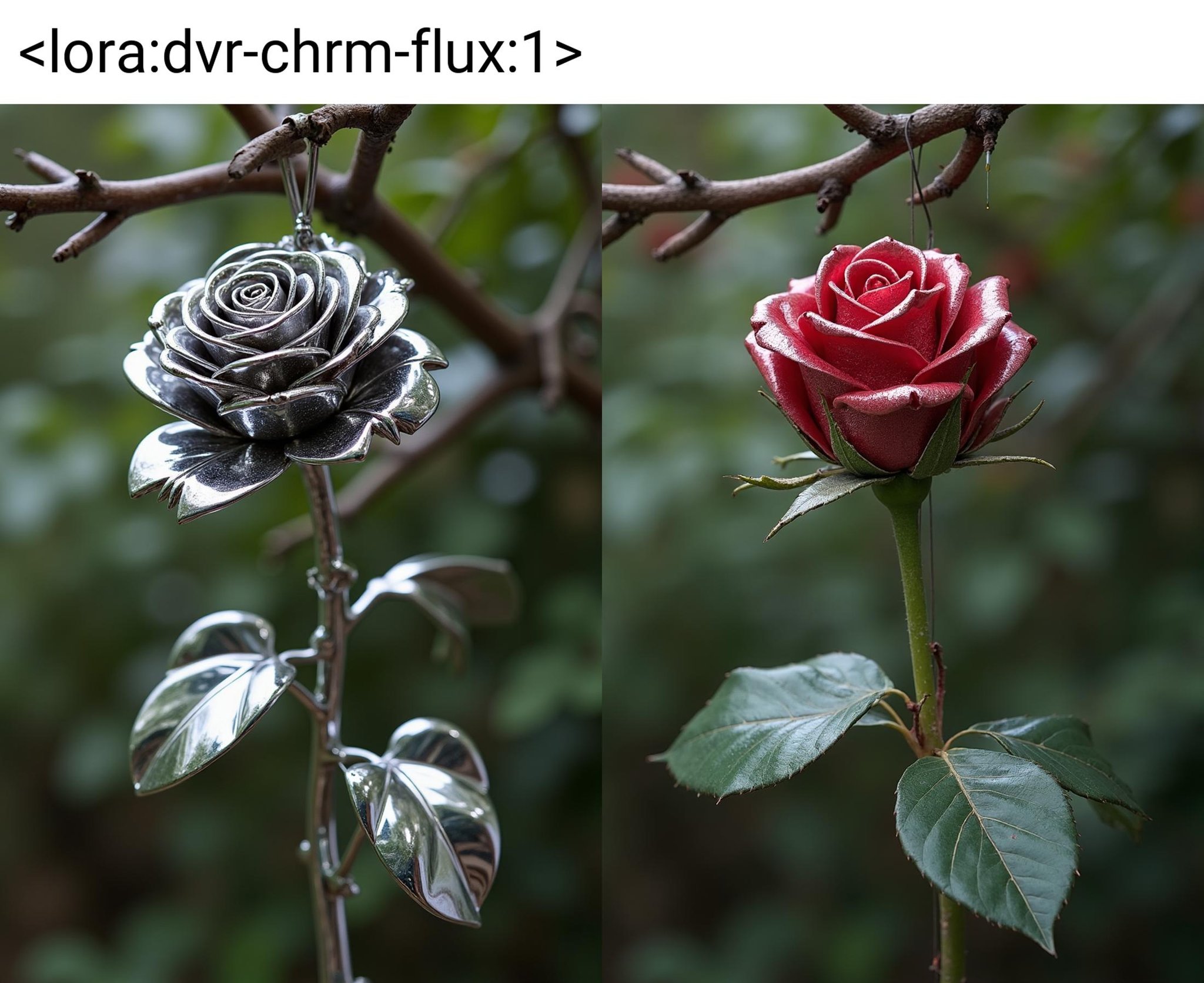 close-up of an intricately detailed upside-down chrome rose is dangling from a tree branch<lora:dvr-chrm-flux:1>