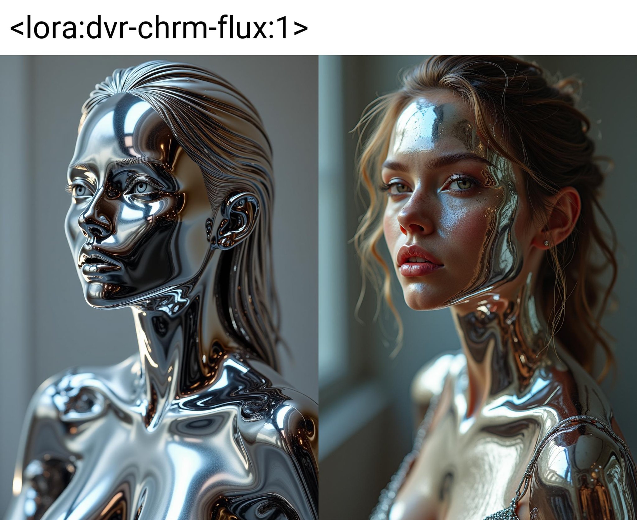 An illusion of a supermodel woman made of chrome, ultra detailed, high quality, masterpiece, 4k<lora:dvr-chrm-flux:1>