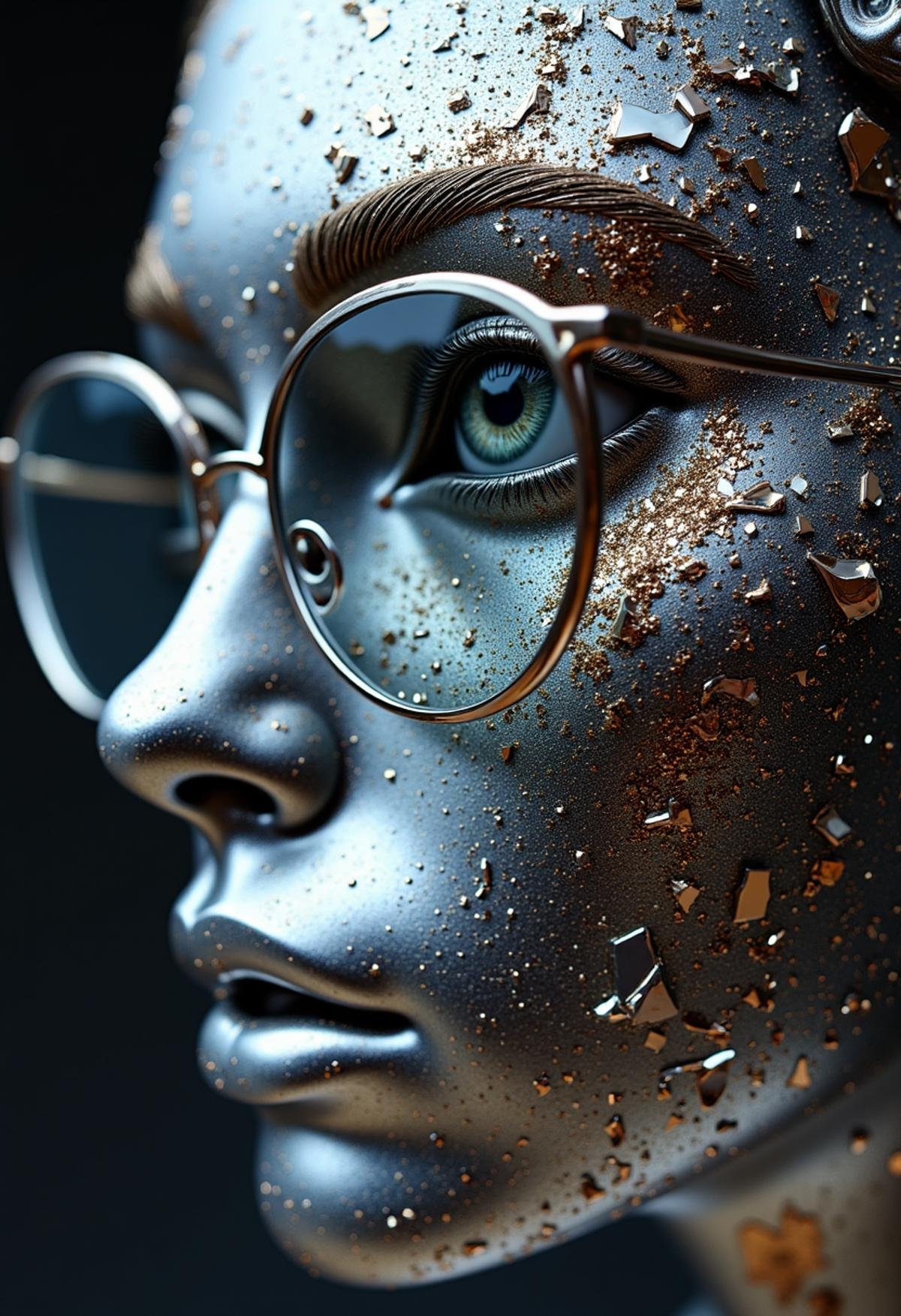 half chrome face with weird glasses,dust,fragments,sawdust,8k,F2.8,RAW Photo,ultra detailed<lora:dvr-chrm-flux:1>