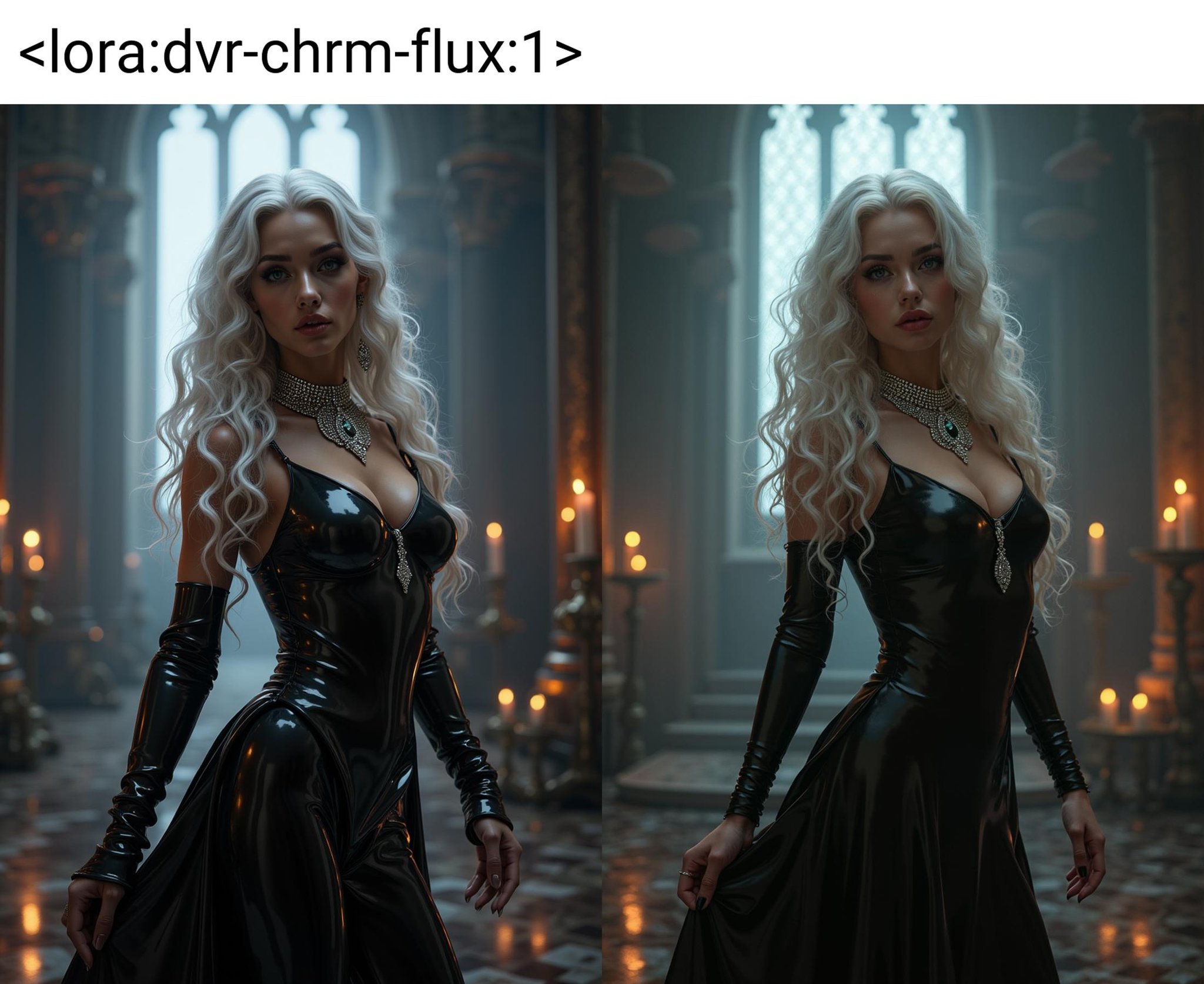 concept art, realistic, dark theme, low light, a woman with lush curly white hair.  Diamond necklace, long style of latex dress, smooth shiny and glossy chrome latex,  medieval castle ballroom, haze, fog, candles, incense<lora:dvr-chrm-flux:1>