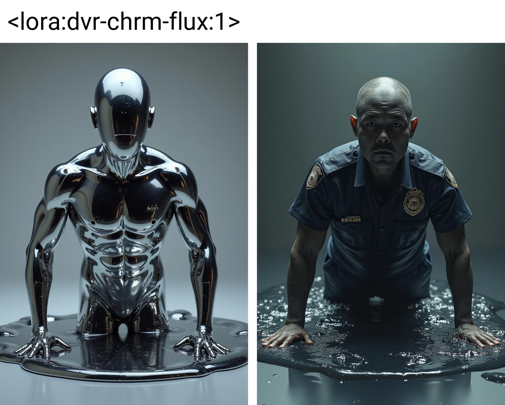 human doing pushups, blob vaguely shaped like a human wearing a police officer uniform rising from a puddle of liquid mercury, extremely shiny, smooth surface texture, polished surface, reflective, 45 degrees angle from the front, tesselation, Photorealistic, Hyperrealistic, Hyperdetailed, analog style, detailed skin, matte skin, soft lighting, subsurface scattering, realistic, heavy shadow, masterpiece, best quality, ultra realistic, 8k, golden ratio, Intricate, High Detail, film photography, soft focus<lora:dvr-chrm-flux:1>