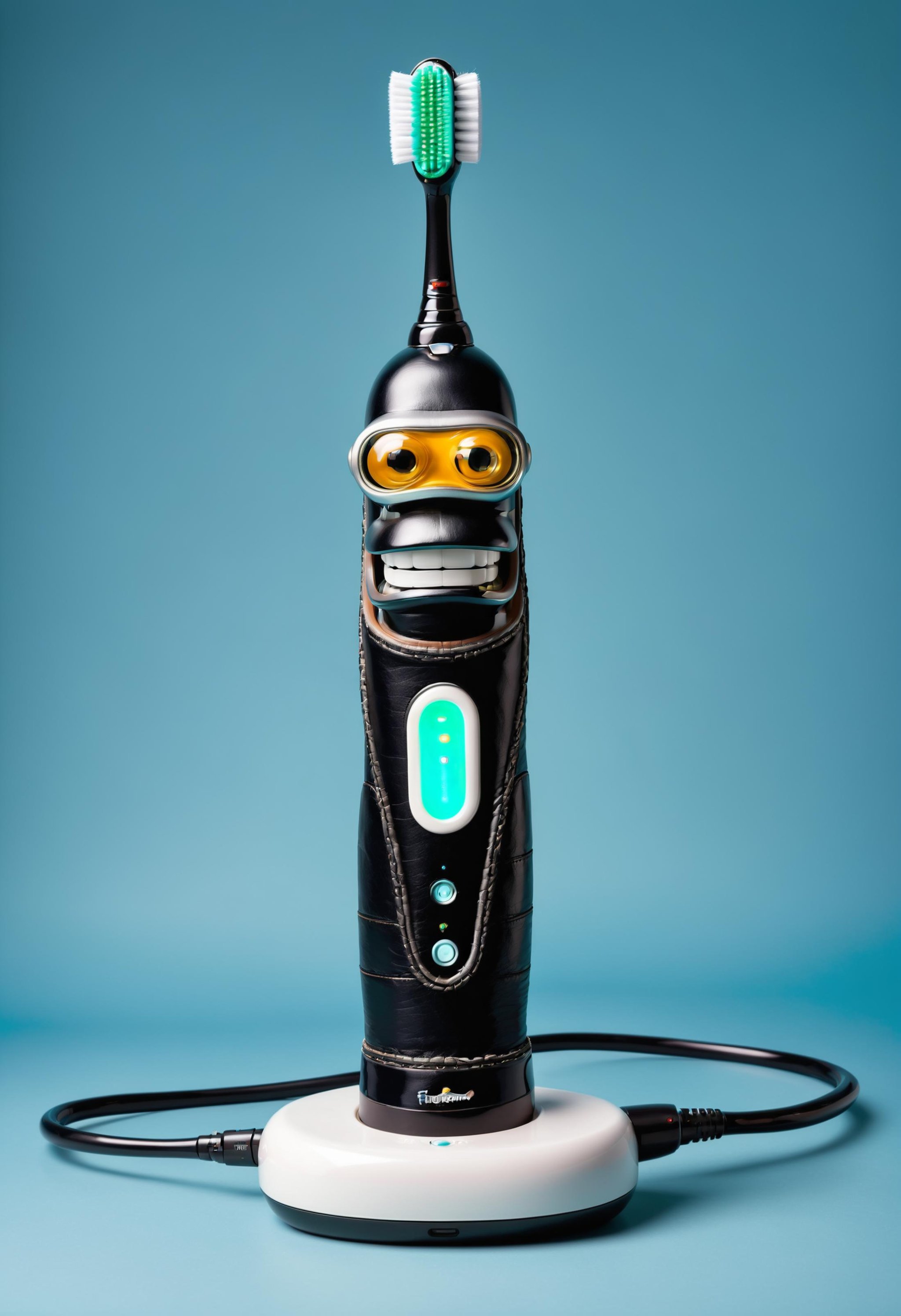 <lora:dvr-lthr-v0.1:1> dvr-lthr, Futurama Bender stylized as an electric toothbrush