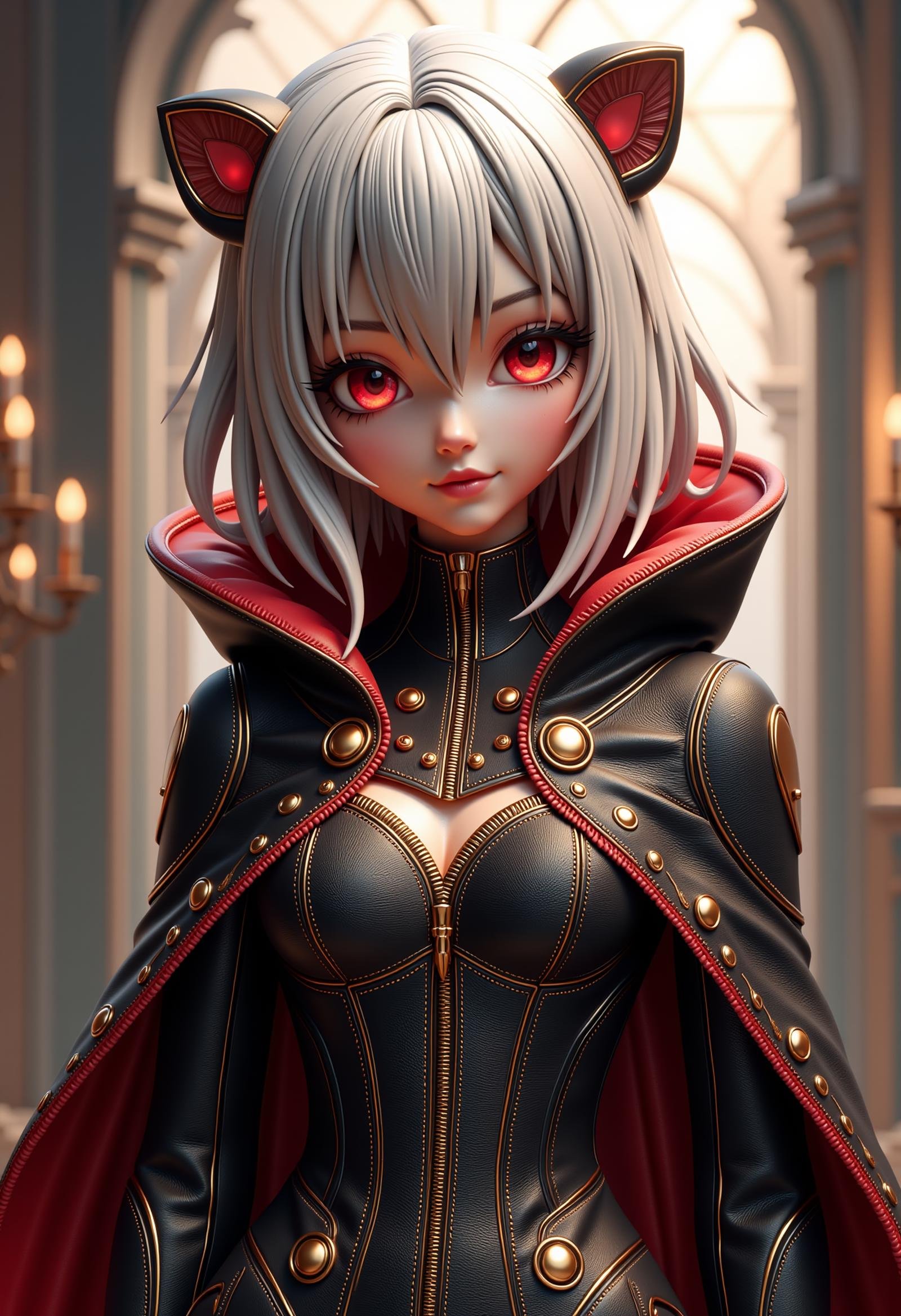 made of leather, (((masterpiece))) , (((best quality))) , anime style, 2d, anime wallpaper, Gamercore, concept art, Dorky large (adorable 1girl, solo:1.3) , smirking, innovative furniture design, dressed in Cloak, she has Platinum hairstyle, she has a Alhambresque Robotic Arms, natural lighting, macro lens, Desaturated, highly detailed, <lora:dvr-leather-flux:1>, very, vibrant, background inspired, badge