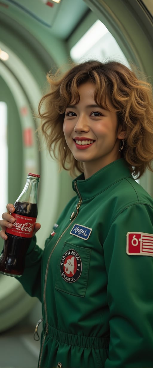 masterpiece, Movie Still, Film Still, Cinematic, Cinematic Shot, (RAW photo, 8k uhd, Analog style, Masterpiece, Best Quality, Highres:1.4), (dramatic, cinematic:1.2), BREAK, movie shot of (brutal:1.1)  woman with blond curly hair, sporting a green spacesuit, warmly smiles as she holds a bottle of Coca-Cola in her hand. She is depicted against the backdrop of a spaceship interior, enhancing the overall sci-fi feel of the illustration."CTMAKER" badge , ,,ct-virtual,ct-virtual_v2,ct-visual,ct-sensual-v2,ct-kjbp