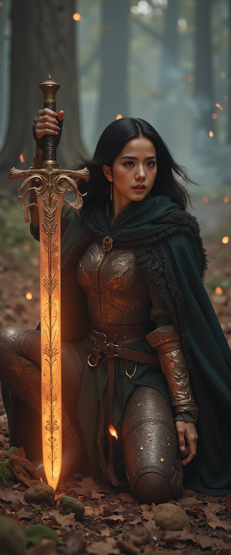 A fierce female warrior crouched low, gripping a long, ornate sword with both hands, illuminated by a fiery orange aura that highlights intricate golden designs on the blade and hilt; rugged expression, dark tousled hair flowing freely, clad in elaborate metallic armor with a dark cloak draping over his back; misty twilight forest background with dark looming trees, smoky ethereal air, glowing embers and sparks around; earthy browns, oranges, and golds dominate the scene, contrasting with cooler dark greens and grays of the forest, creating a mystical, intense atmosphere,jisosmile,ct-visual,ct-sensual-v2,ct-kjbp