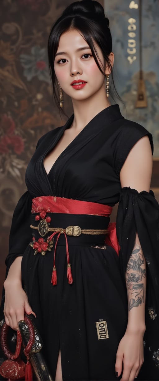  Create an ultra-realistic masterpiece image of a stunning Japanese woman wearing a traditional kimono and holding a katana sword in a photorealistic sheath. She stands alone, bent over slightly, with her black hair tied up in a single bun and her dark nails painted red at the tips. Her pale skin glistens under professional lighting, accentuating the curves of her breasts as they're framed by the folds of her kimono. Her brown eyes sparkle with a hint of mischief as she gazes directly at the viewer, her full lips slightly parted in a subtle smile. A Japanese sash wraps around her waist, adorned with intricate designs that match the delicate patterns on her arm tattoo. Around her neck, a pair of earrings glint in the light, and her fingers grasp the hilt of her katana as she holds it at an angle, revealing her black nails painted with red tips. In the background, subtle platform footwear, geta sandals, add height to her stance. The image is rendered on a Canon EOS R6 camera, showcasing exceptional detail and texture. 'CTMAKER' letters as a tatto, surrounded by a faint glow that hints at her subtle Japanese tattoo,ct-virtual_v2,ct-visual,ct-sensual-v2,ct-kjbp