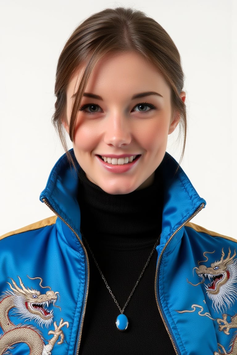 A professional photography of a portrait of woJ3w3l wearing a blue dragon jacket with high collar and below the jacket she wears a black turtleneck sweater. She wearing a black chain necklace with a blue glowing stone in the middle. She smile at the camera. The background is white