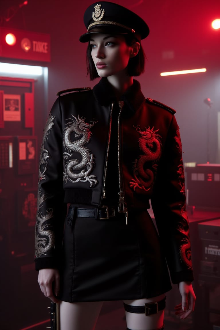 wost0y4 is wearing a striking and detailed outfit that is inspired by a military uniform with a fantasy twist. The outfit inclues a black cap with a red glowing badge. A black dragon jacket with high collar adorned with fur trim at the shoulders adding a touch of luxury and authority, A black dress with fitted waist, featuring a belt with a buckle that matches the cap's emblem, A black thigh-high boots with straps and buckles. And she is holding a sword on her left hand, suggesting a readiness for combat. Her skin is pale white and her hair is short and black. The background is a nightclub with red and white lights that accentuates the whole look