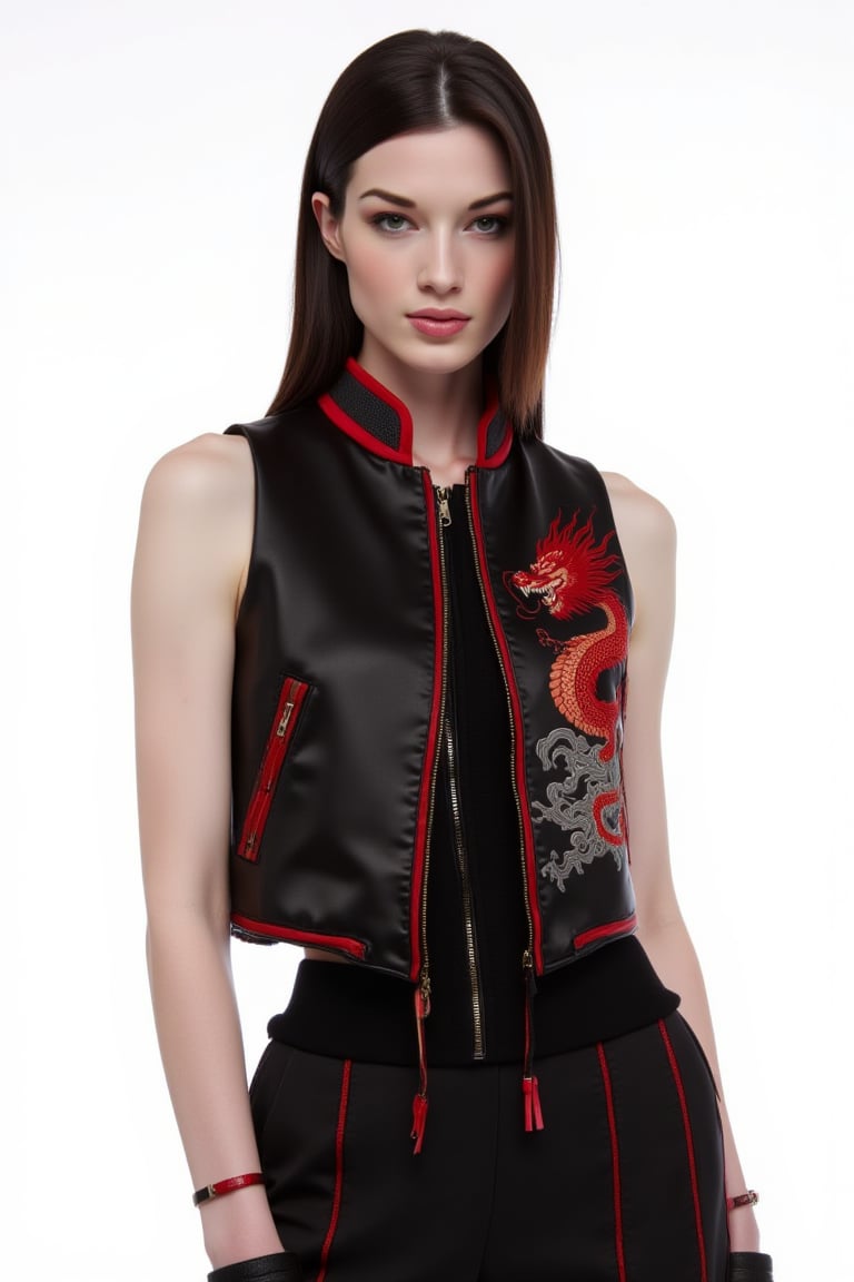 wost0y4 is wearing a striking outfit the combines elements of traditional and modern fashion. The outfit features a black and red color scheme, with the red accents suggesting a connection to chinese culture. The top part of the outfit is a black sleeveless dragon jacket with red trim, she is wearing a red and black collar that stands out against the black top. The bottom part of the outfit consists of black pants with a high waist, which are also adorned with red trim adn possibly another dragon motifs. The pants are fitted, accentuating the character's figure. Additionally she's wearing a pair of black gloves that match the overall color scheme of the outfit. The gloves have a sleek design and seem to be made of a material that could be leather. Her hair is styled in a way that it falls over one shoulder, and she is wearing a headband that matches the color of her outfit. Her skin is pale white which accentuates the outfit.