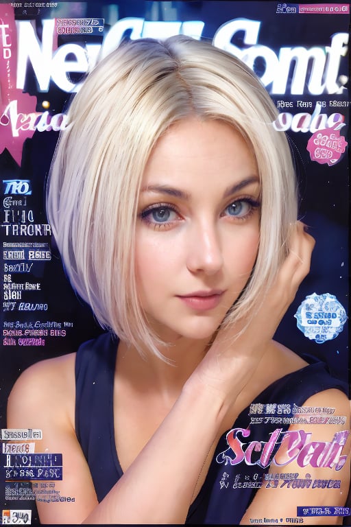 1girl, solo, upper body, white hair, lips, traditional media, reality, pop idol magazine, title font "New Lora Is Coming", attractive cover with beauty characters,jpop cover 80s