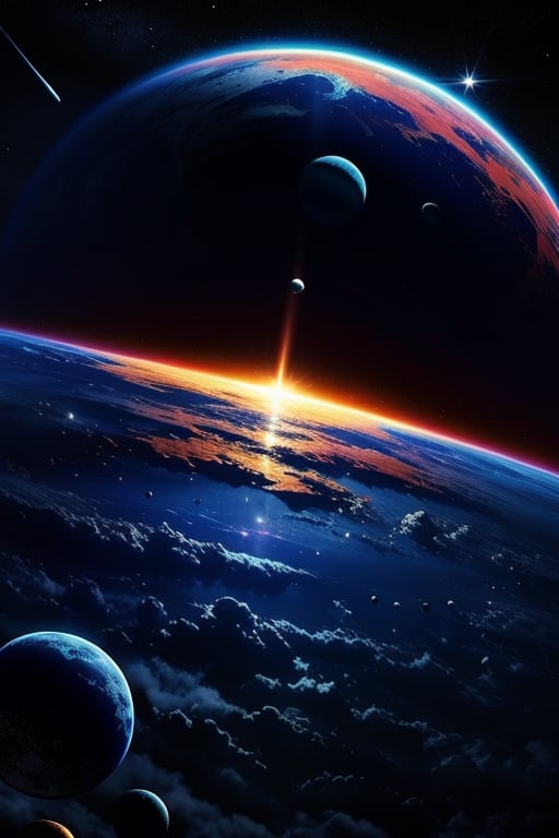 A breathtaking view of a huge, distant planet, with its vibrant surface and swirling atmospheric patterns, captured in a wide-angle shot. The scene is set in deep space, with the planet's immense size dwarfing nearby celestial bodies. The lighting is dramatic, with the planet's glow illuminating the surrounding darkness. The composition emphasizes the planet's grandeur and the vastness of space, with a few distant stars adding to the cosmic atmosphere.