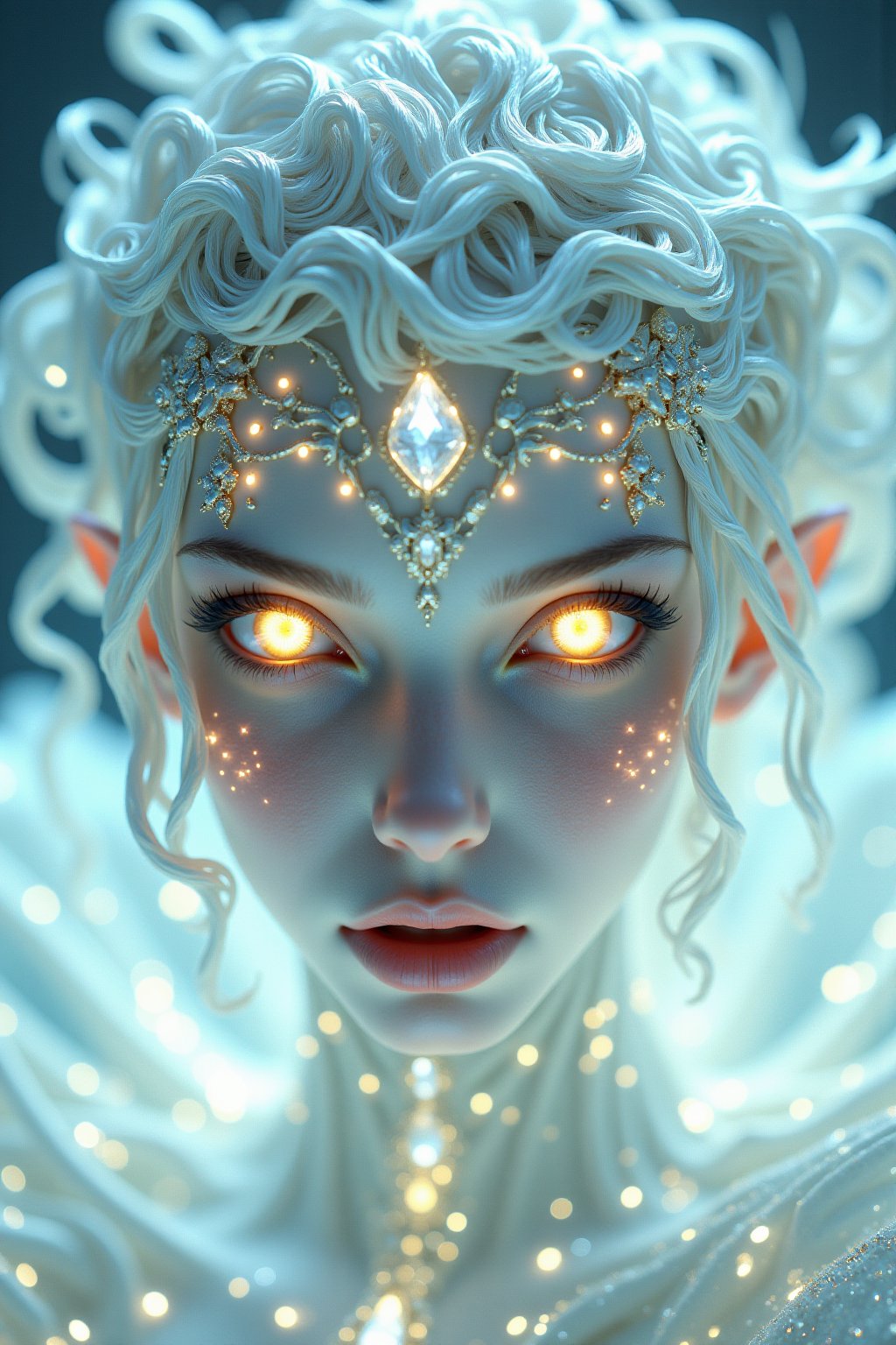 close, albino woman with glowing eyes and hair in white gold jewelry, light painting, futuristic digital, realistic sci-fi, lights, gold filigree, silver lashes, diamond, ethereal, misty, holographic, white sky on background,glitter